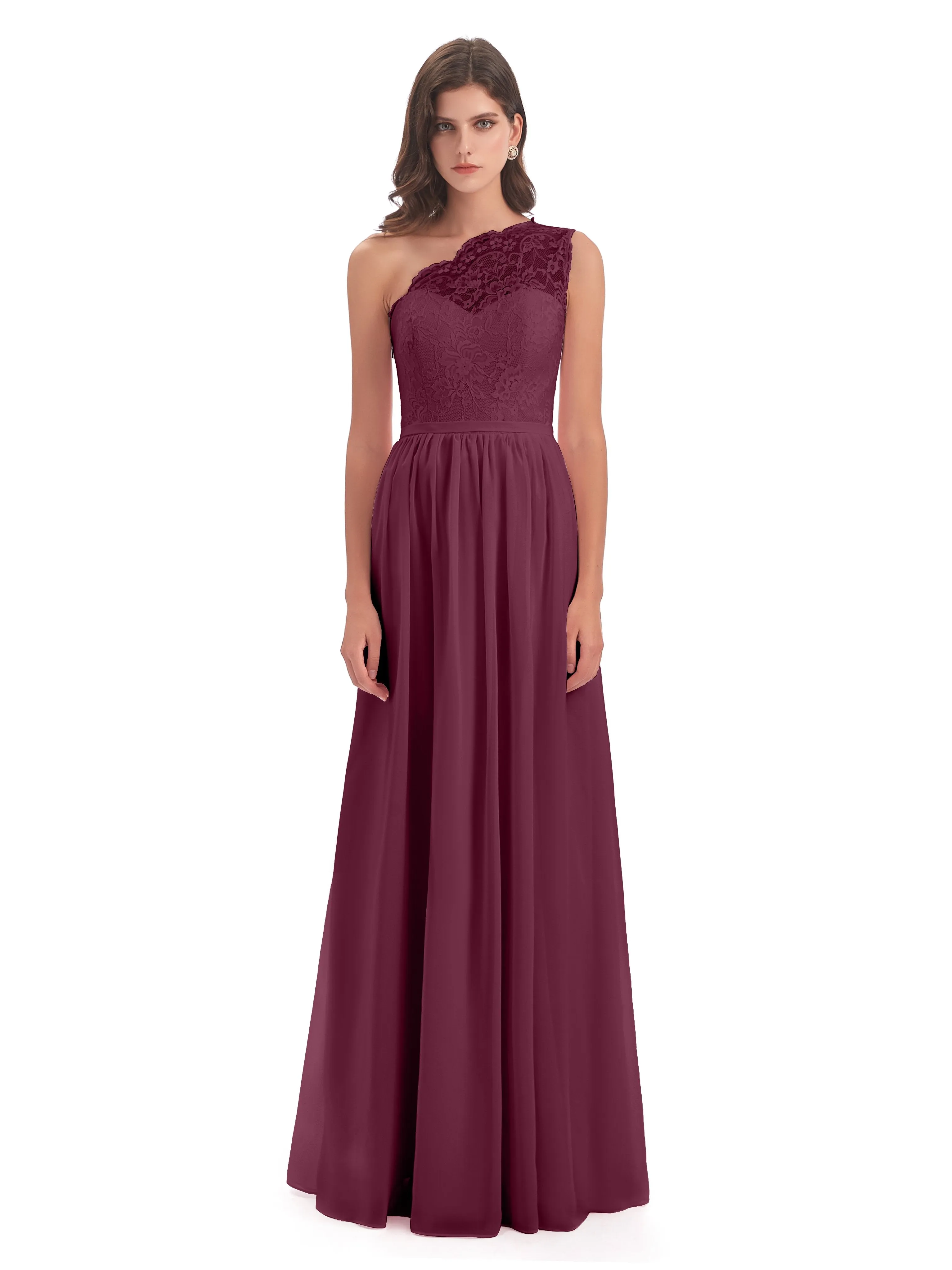 Eliza Lace/Chiffon One-Shoulder Floor-Length Bridesmaid Dresses