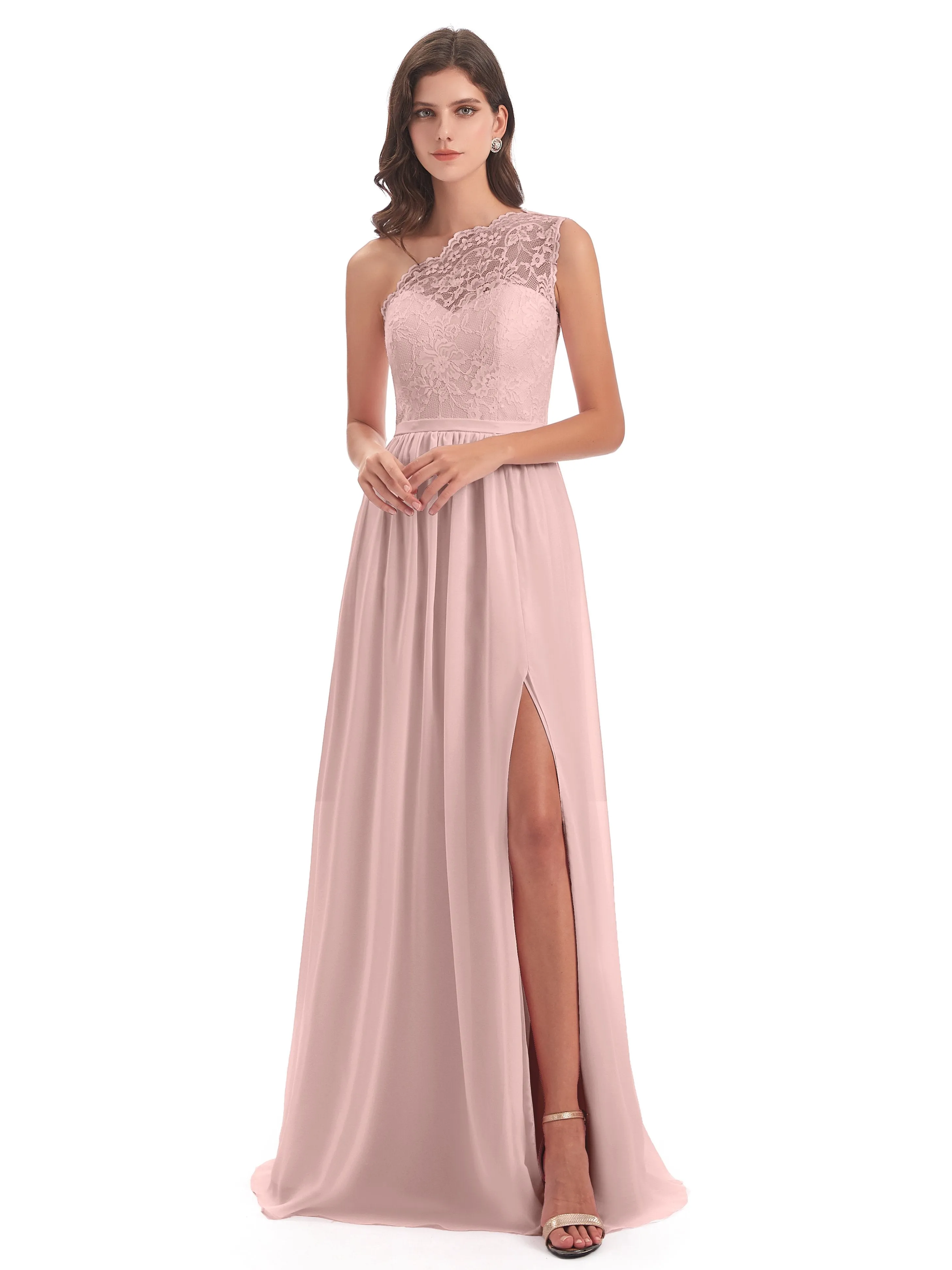 Eliza Lace/Chiffon One-Shoulder Floor-Length Bridesmaid Dresses