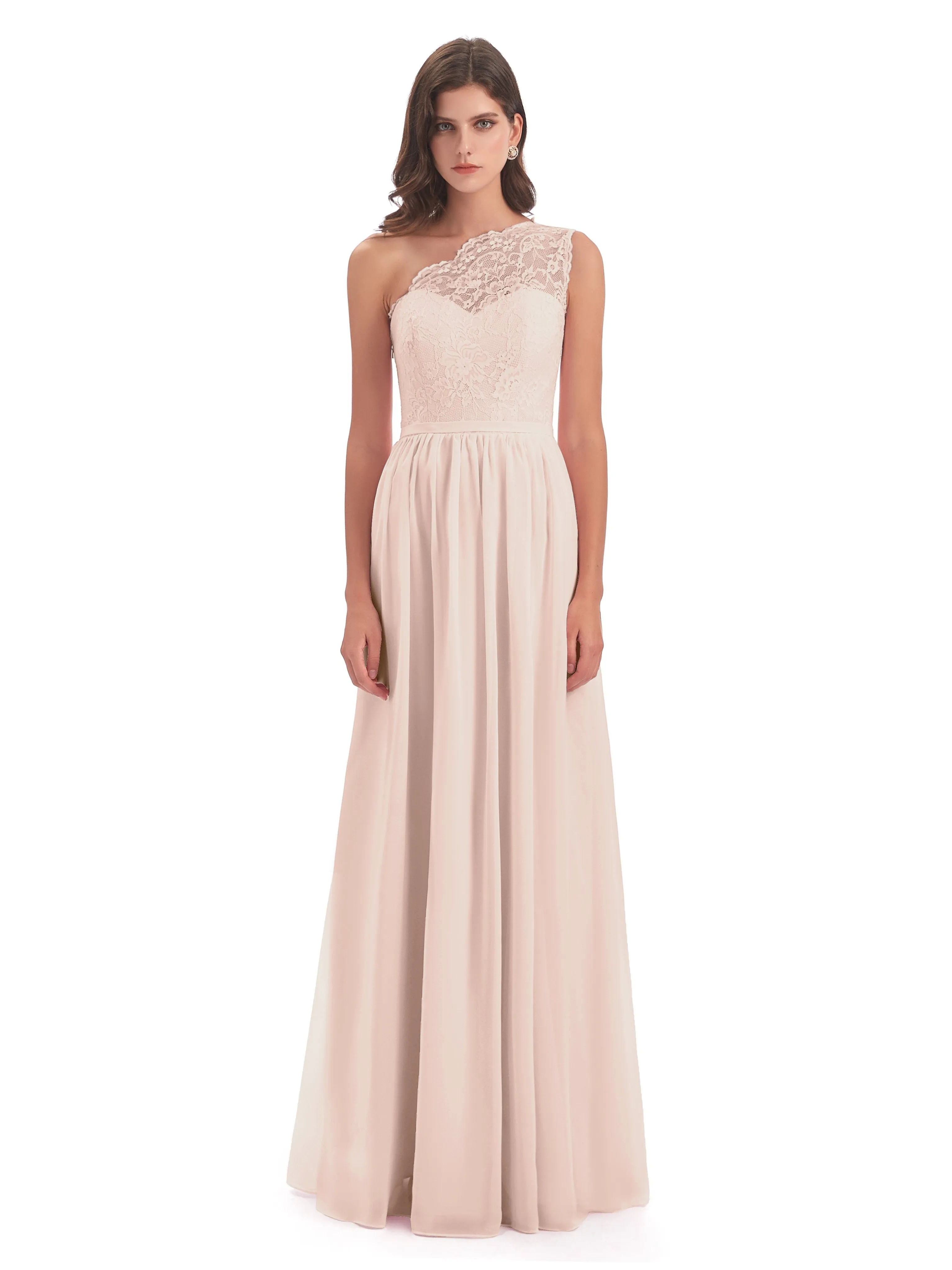 Eliza Lace/Chiffon One-Shoulder Floor-Length Bridesmaid Dresses