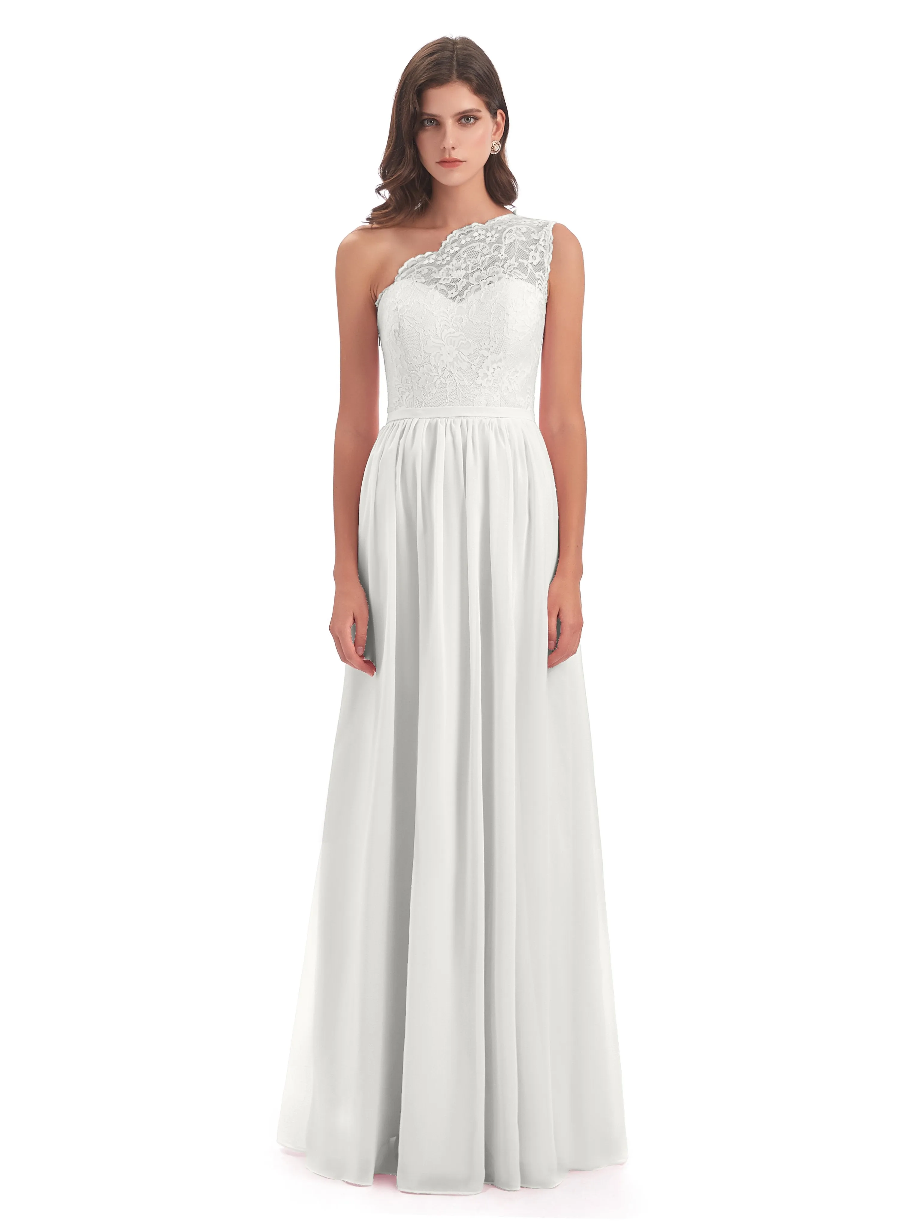 Eliza Lace/Chiffon One-Shoulder Floor-Length Bridesmaid Dresses