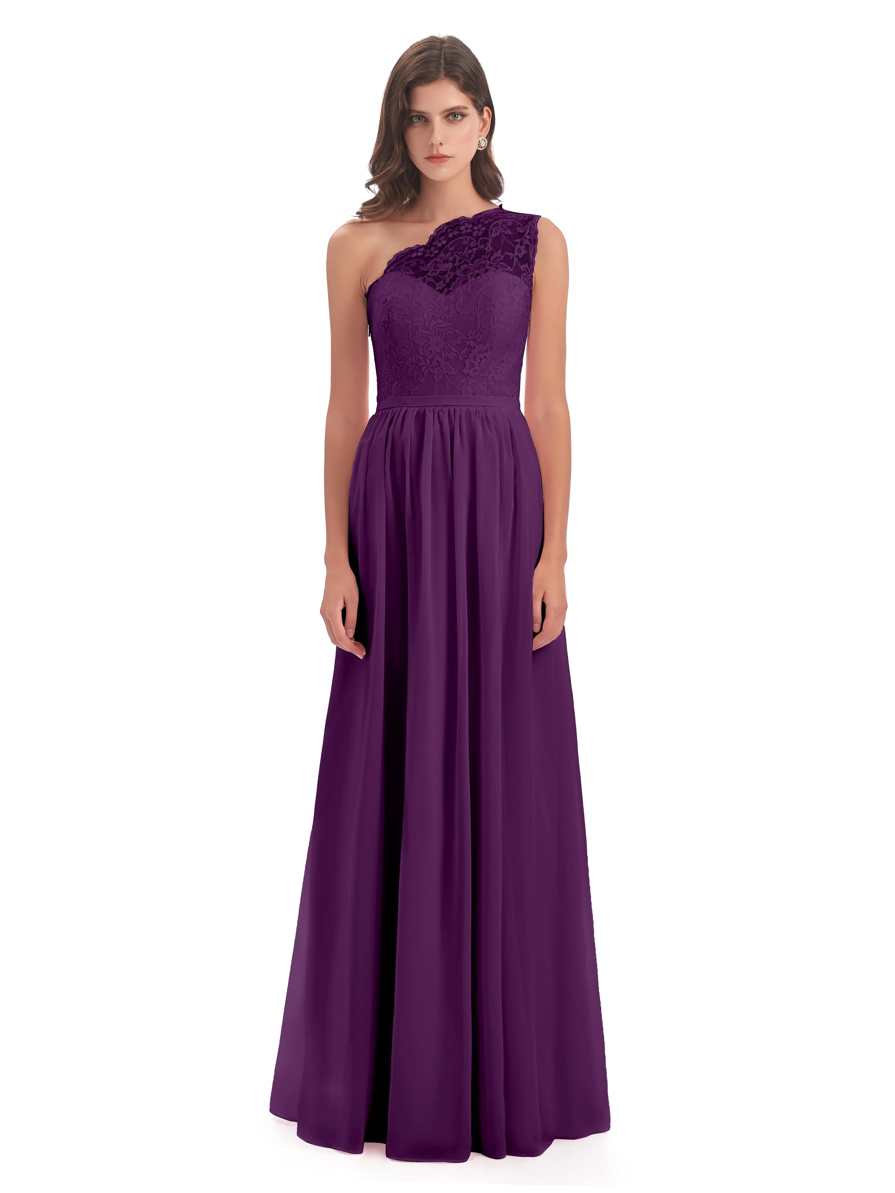 Eliza Lace/Chiffon One-Shoulder Floor-Length Bridesmaid Dresses