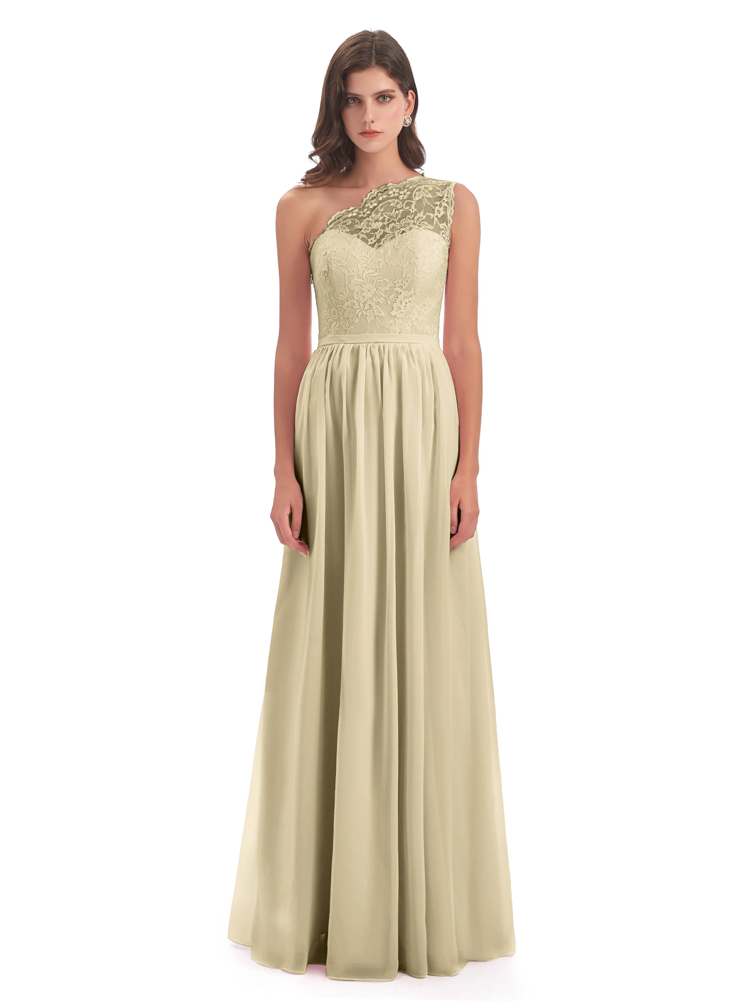 Eliza Lace/Chiffon One-Shoulder Floor-Length Bridesmaid Dresses