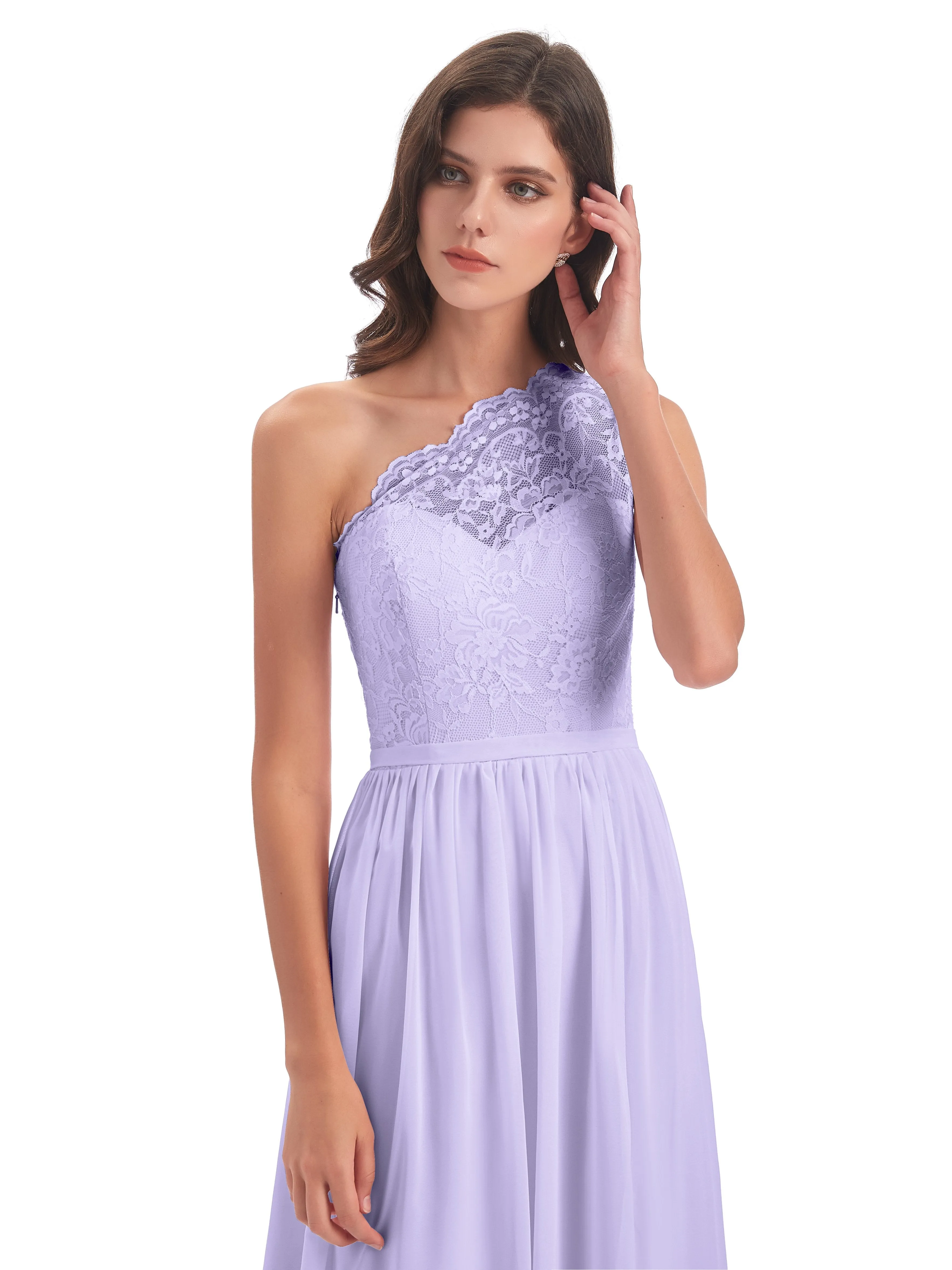 Eliza Lace/Chiffon One-Shoulder Floor-Length Bridesmaid Dresses