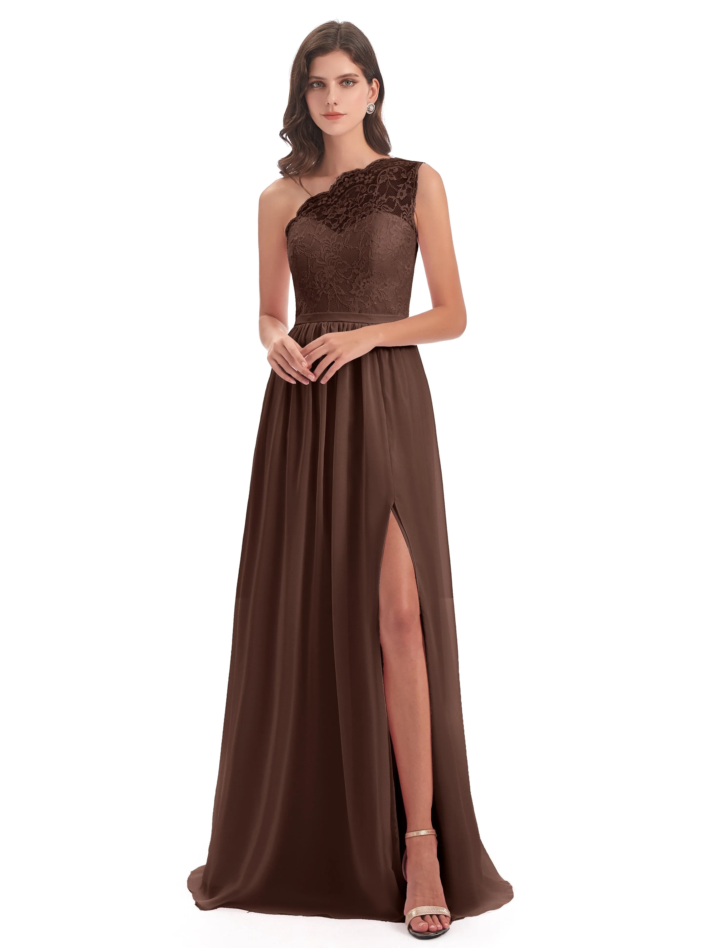 Eliza Lace/Chiffon One-Shoulder Floor-Length Bridesmaid Dresses