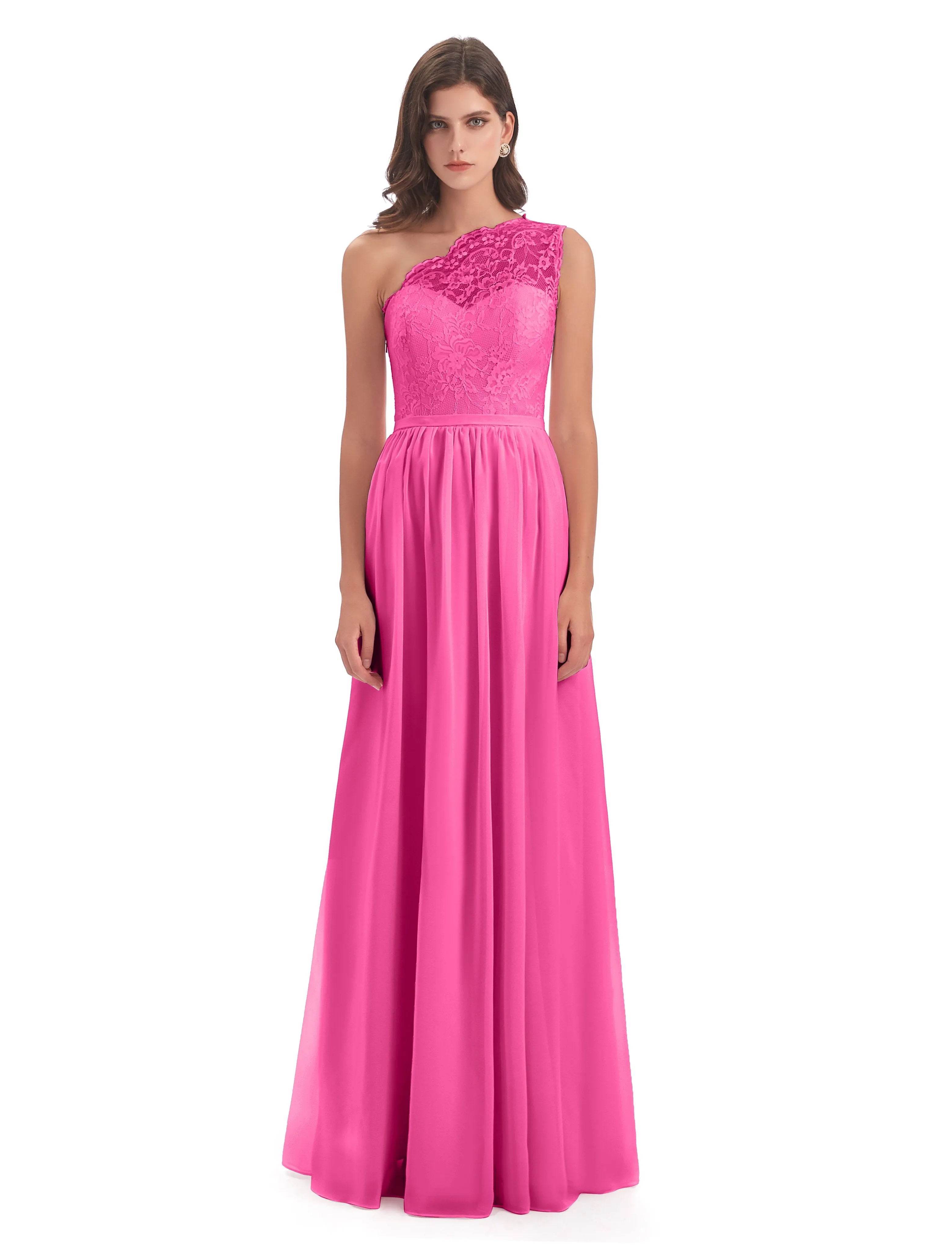 Eliza Lace/Chiffon One-Shoulder Floor-Length Bridesmaid Dresses