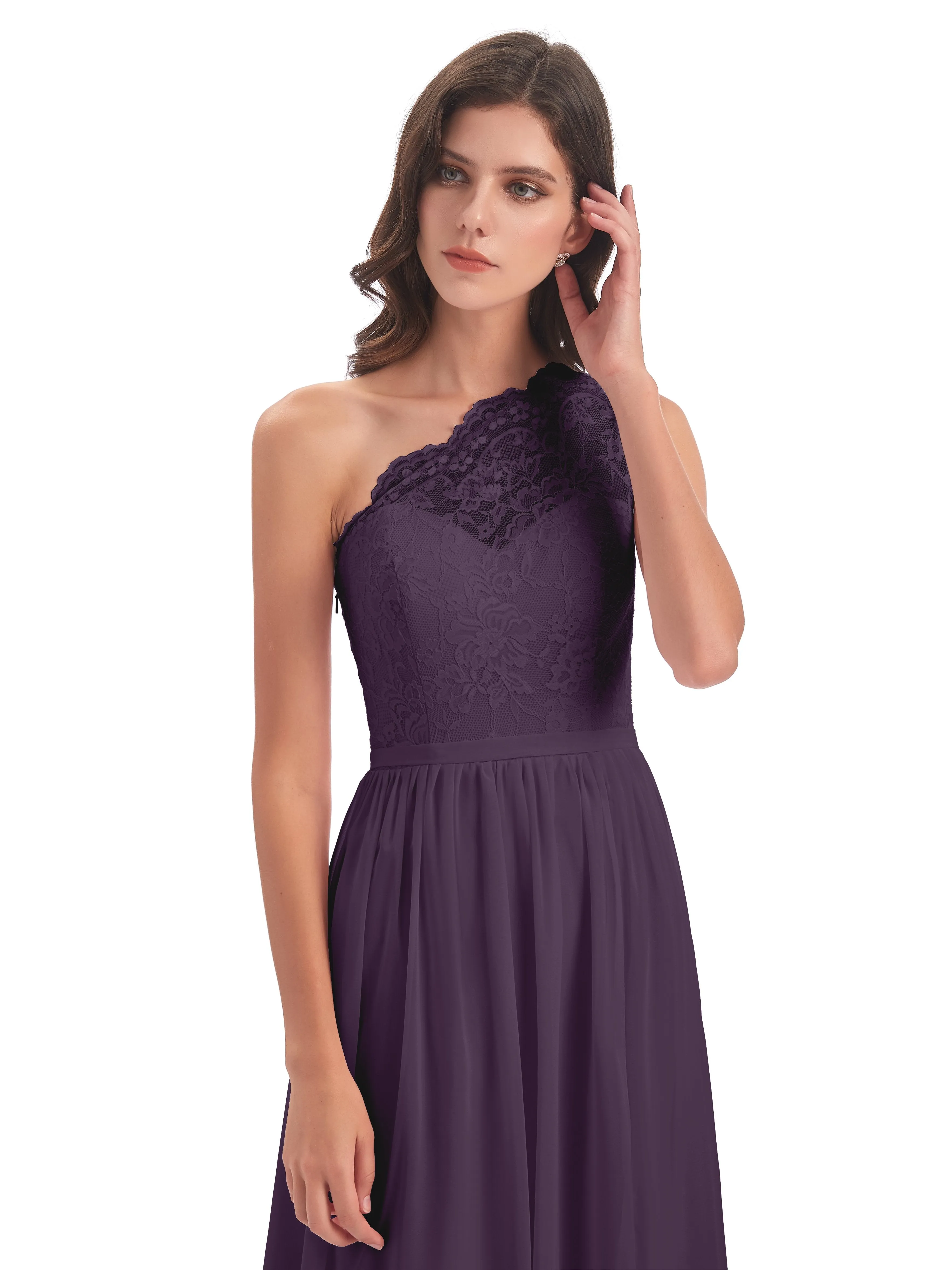 Eliza Lace/Chiffon One-Shoulder Floor-Length Bridesmaid Dresses