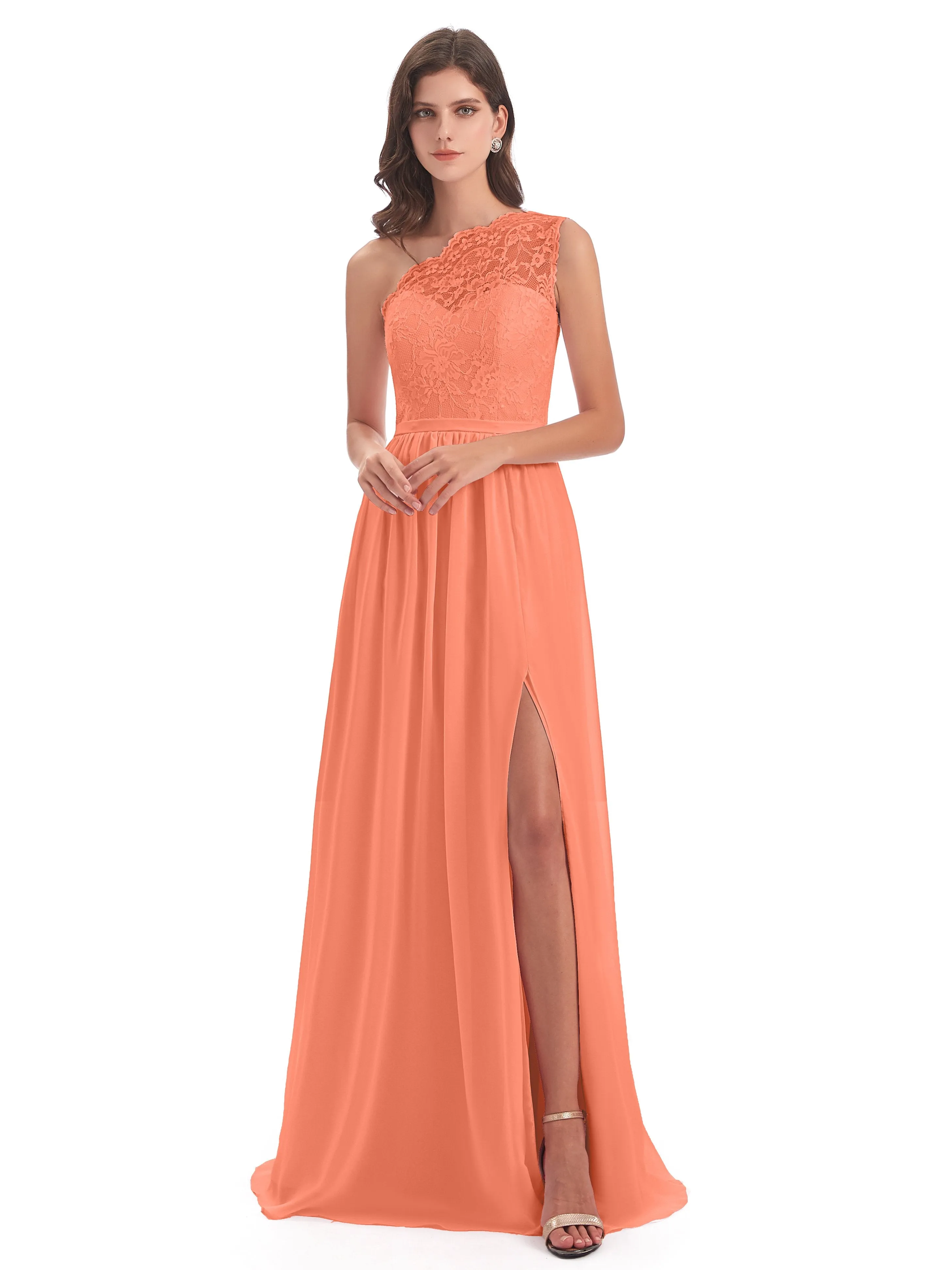 Eliza Lace/Chiffon One-Shoulder Floor-Length Bridesmaid Dresses