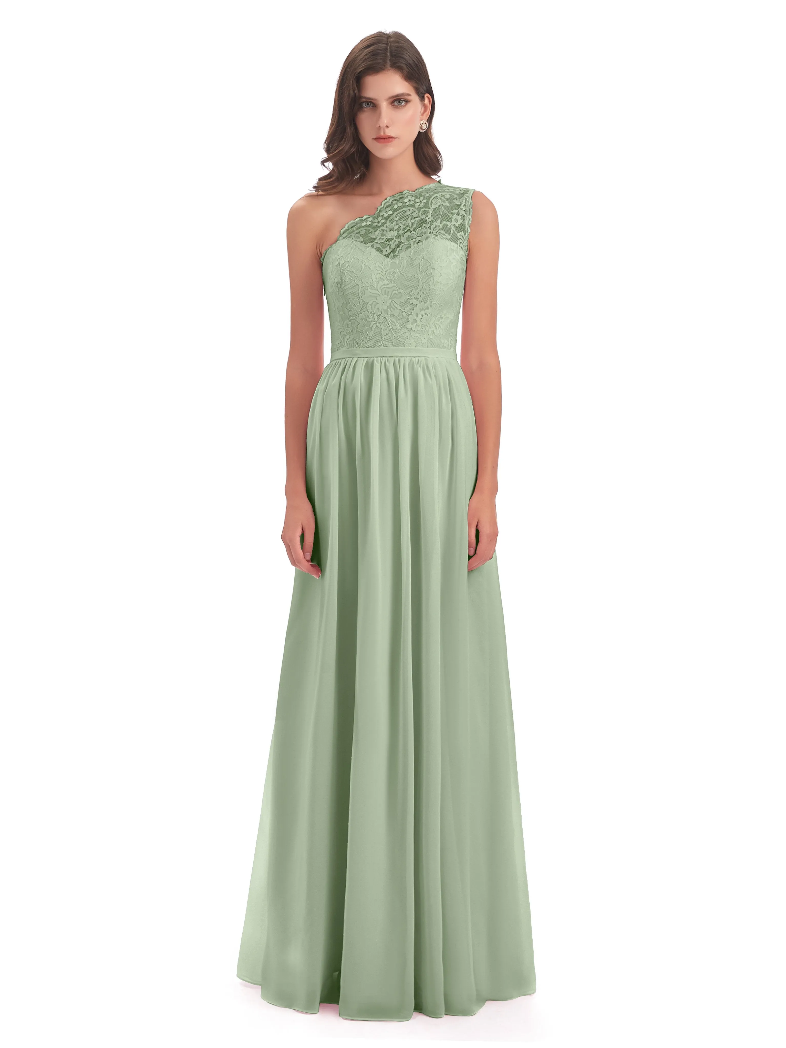 Eliza Lace/Chiffon One-Shoulder Floor-Length Bridesmaid Dresses