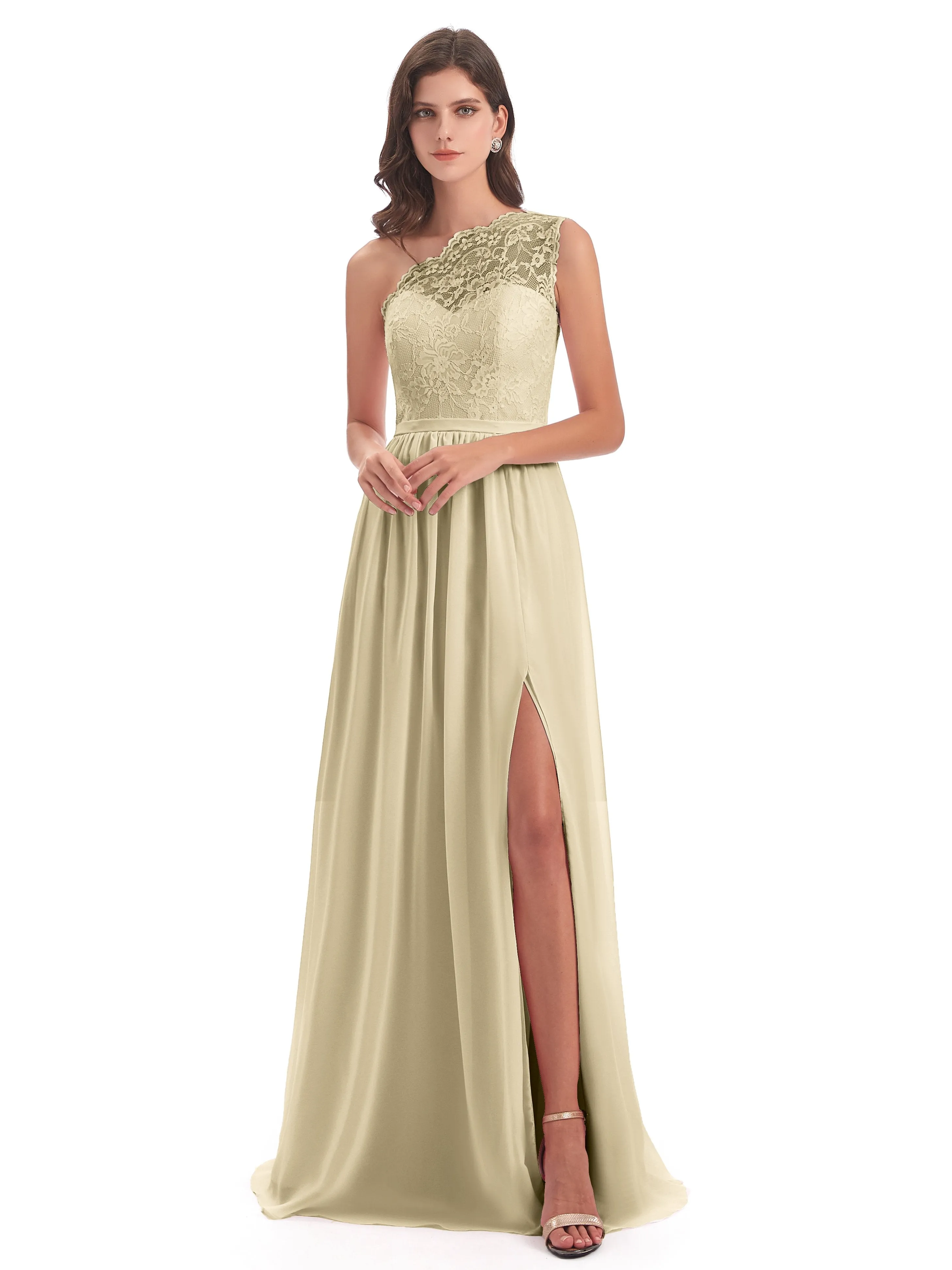 Eliza Lace/Chiffon One-Shoulder Floor-Length Bridesmaid Dresses