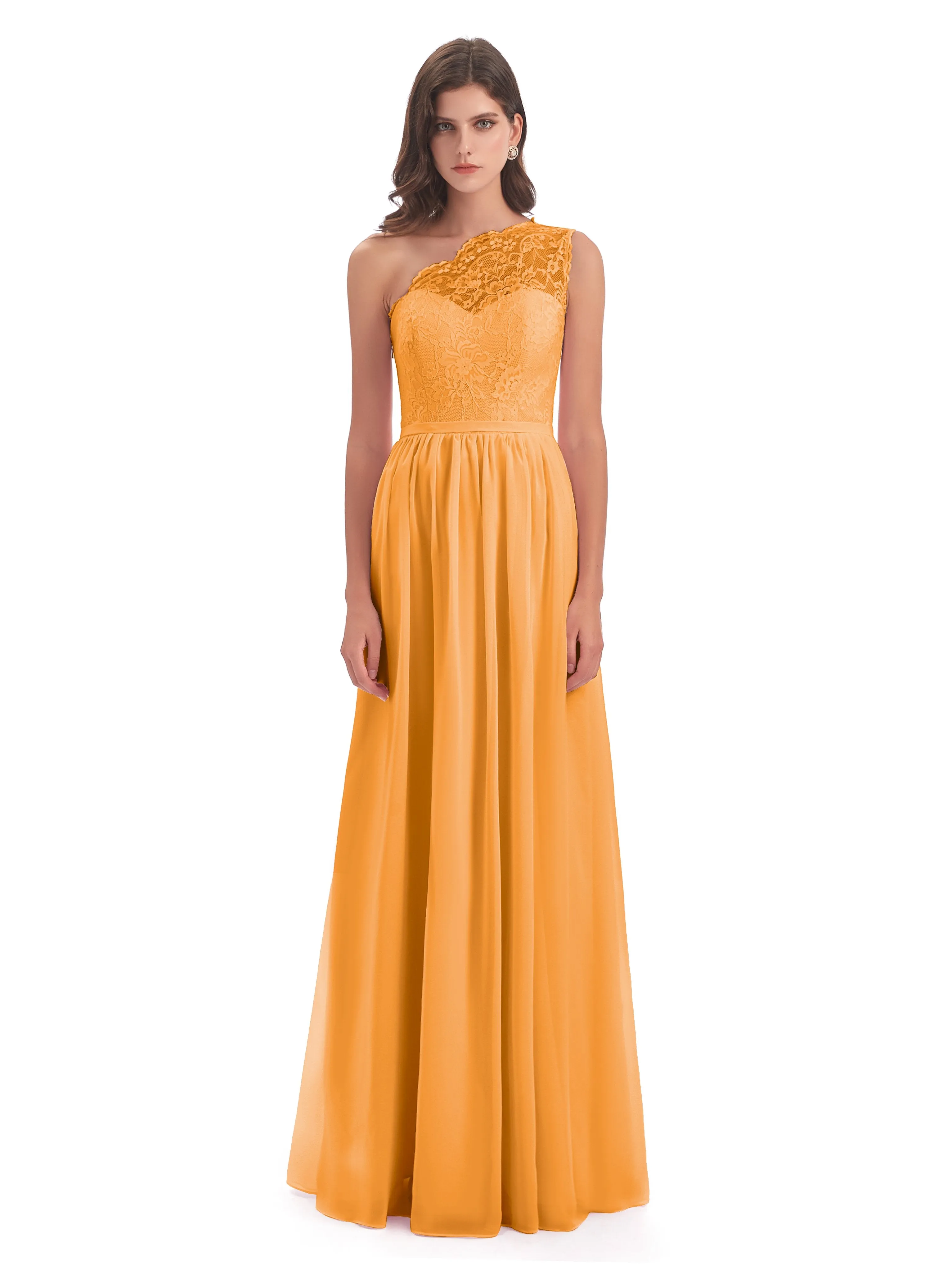 Eliza Lace/Chiffon One-Shoulder Floor-Length Bridesmaid Dresses