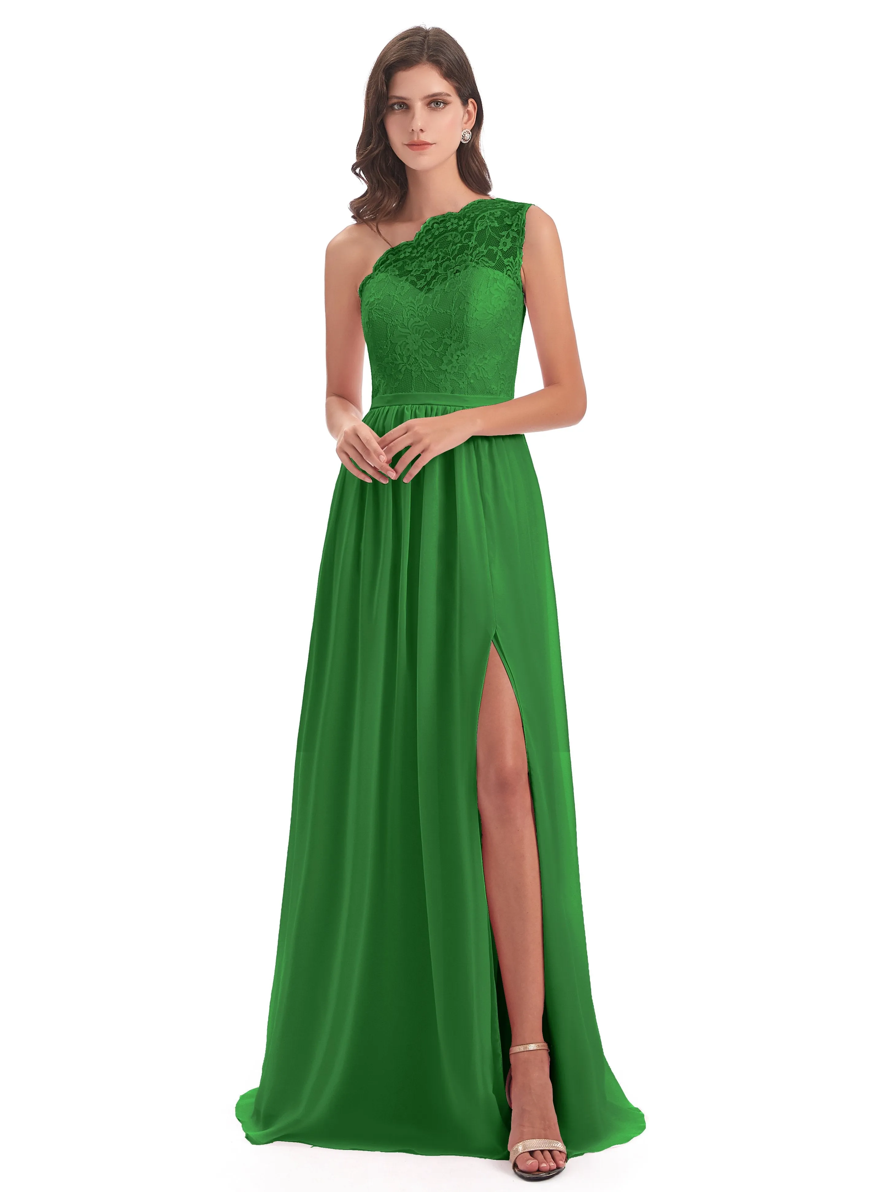 Eliza Lace/Chiffon One-Shoulder Floor-Length Bridesmaid Dresses