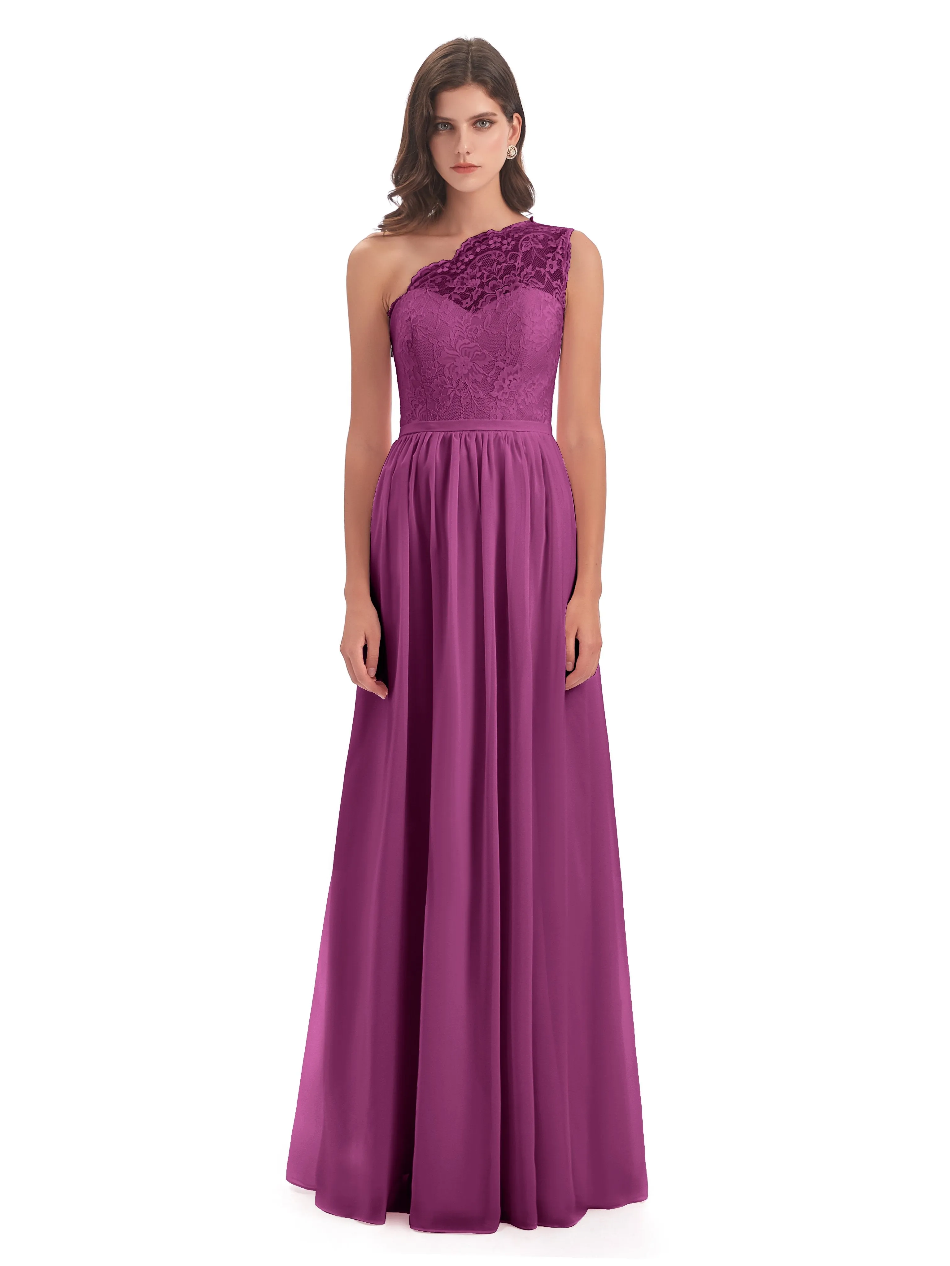 Eliza Lace/Chiffon One-Shoulder Floor-Length Bridesmaid Dresses