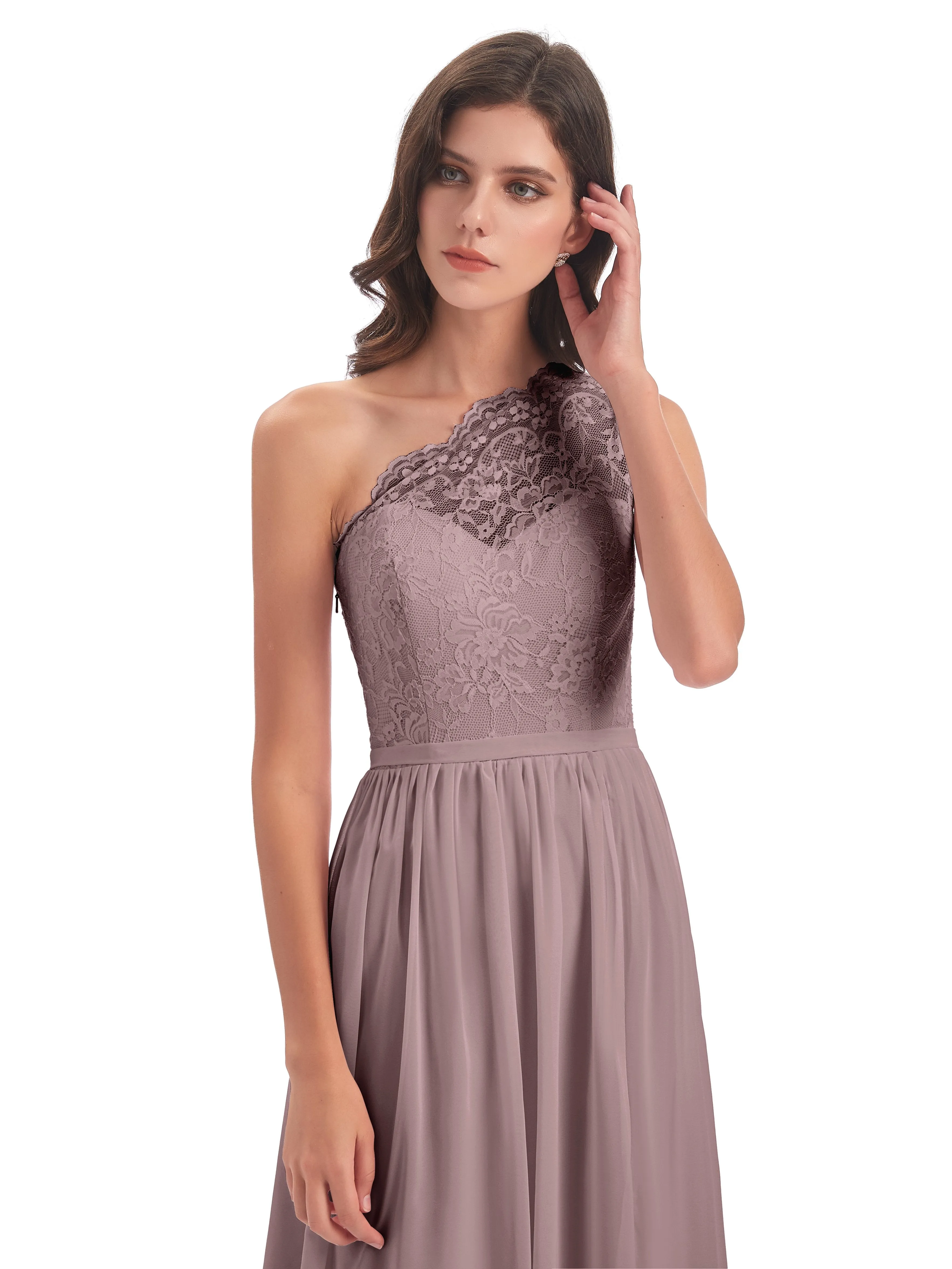 Eliza Lace/Chiffon One-Shoulder Floor-Length Bridesmaid Dresses