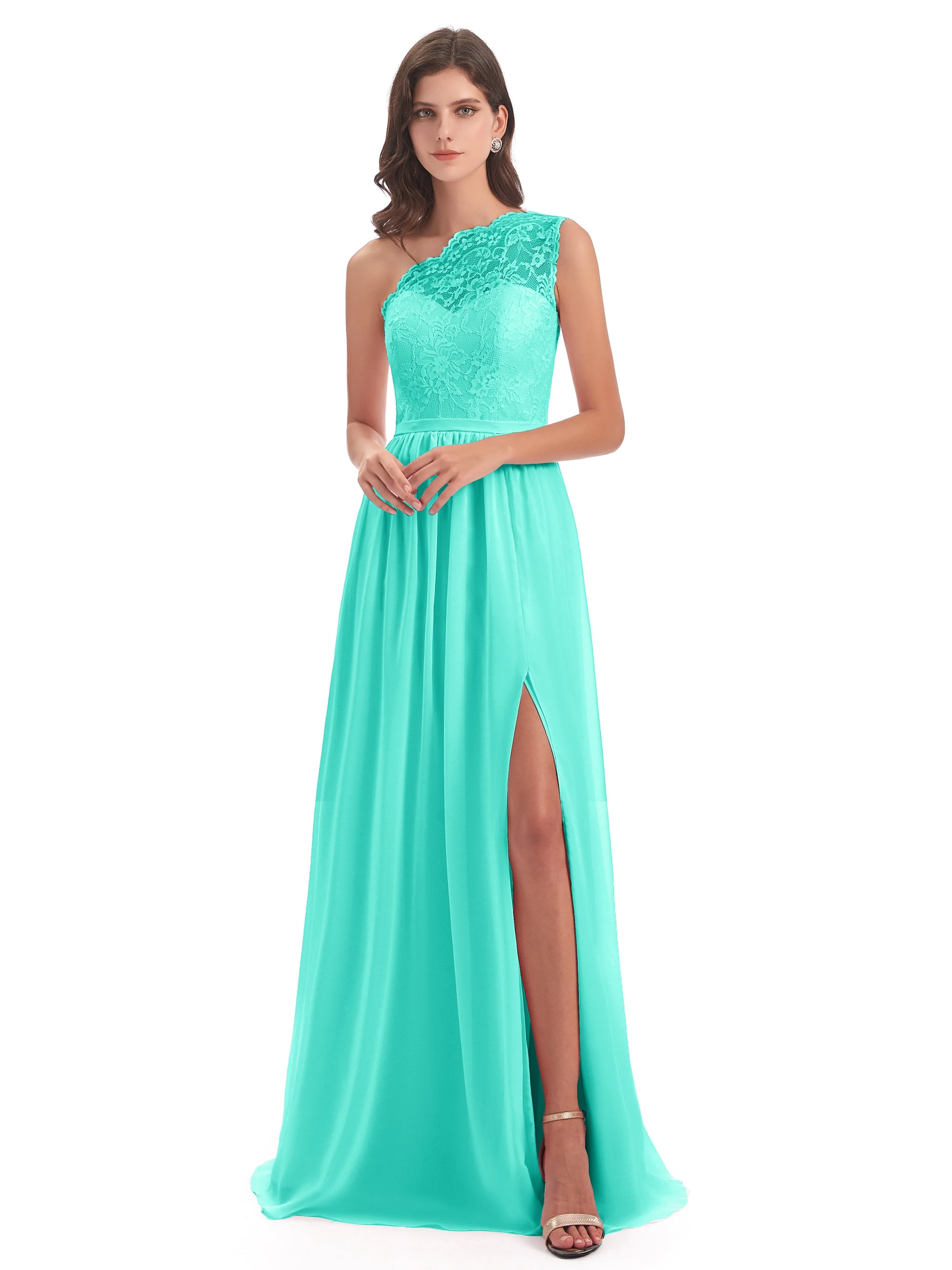 Eliza Lace/Chiffon One-Shoulder Floor-Length Bridesmaid Dresses