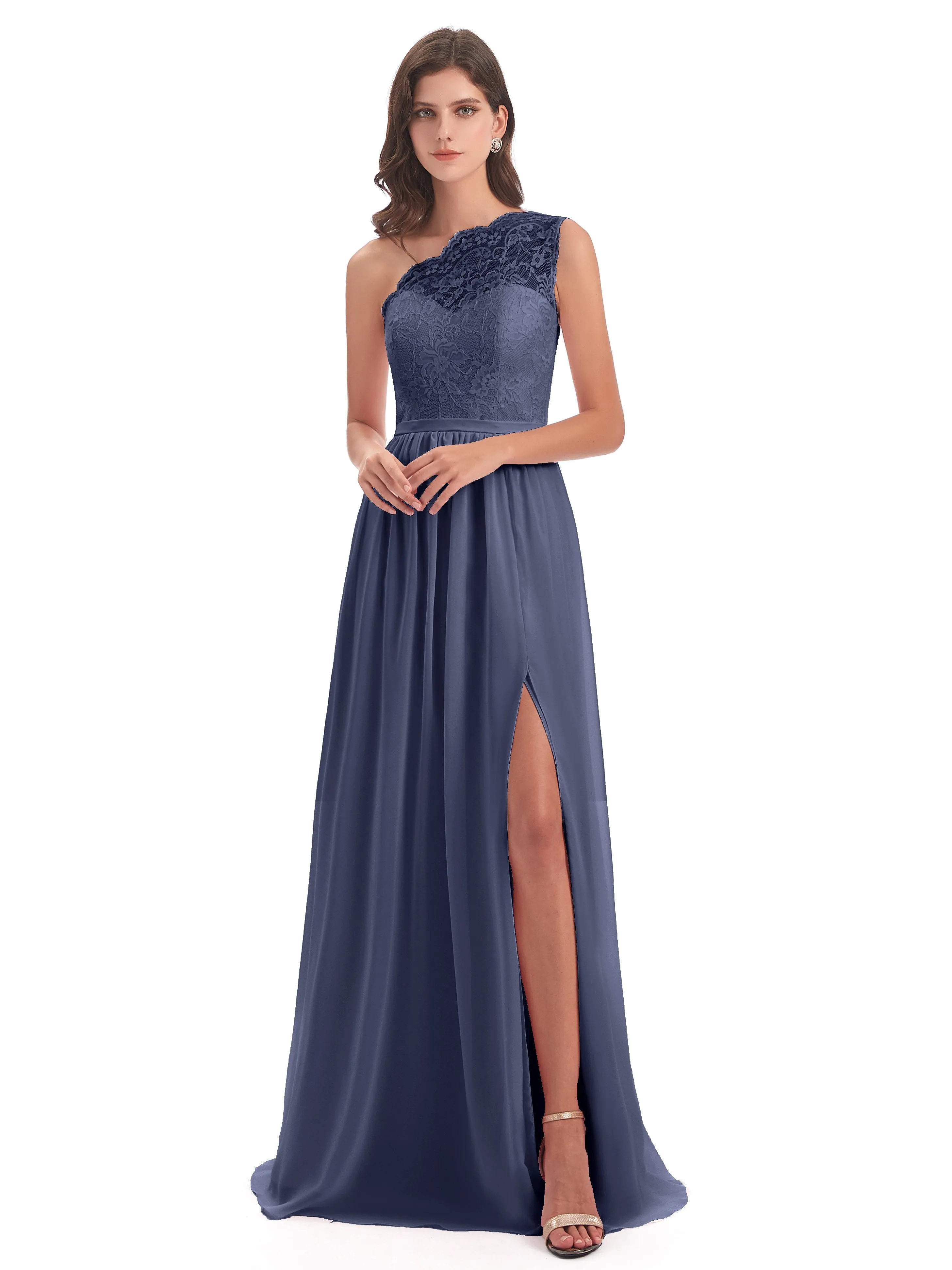 Eliza Lace/Chiffon One-Shoulder Floor-Length Bridesmaid Dresses