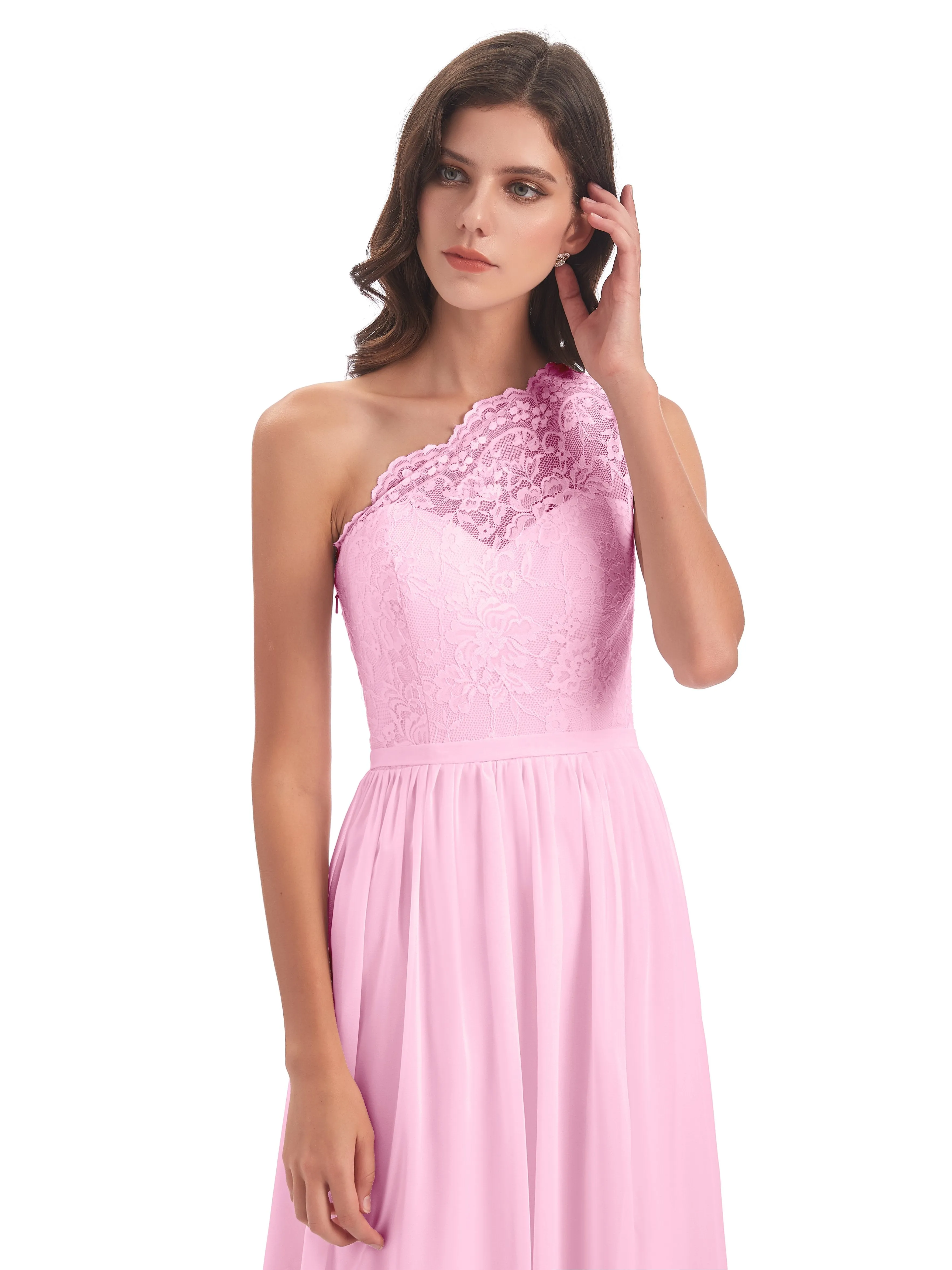 Eliza Lace/Chiffon One-Shoulder Floor-Length Bridesmaid Dresses