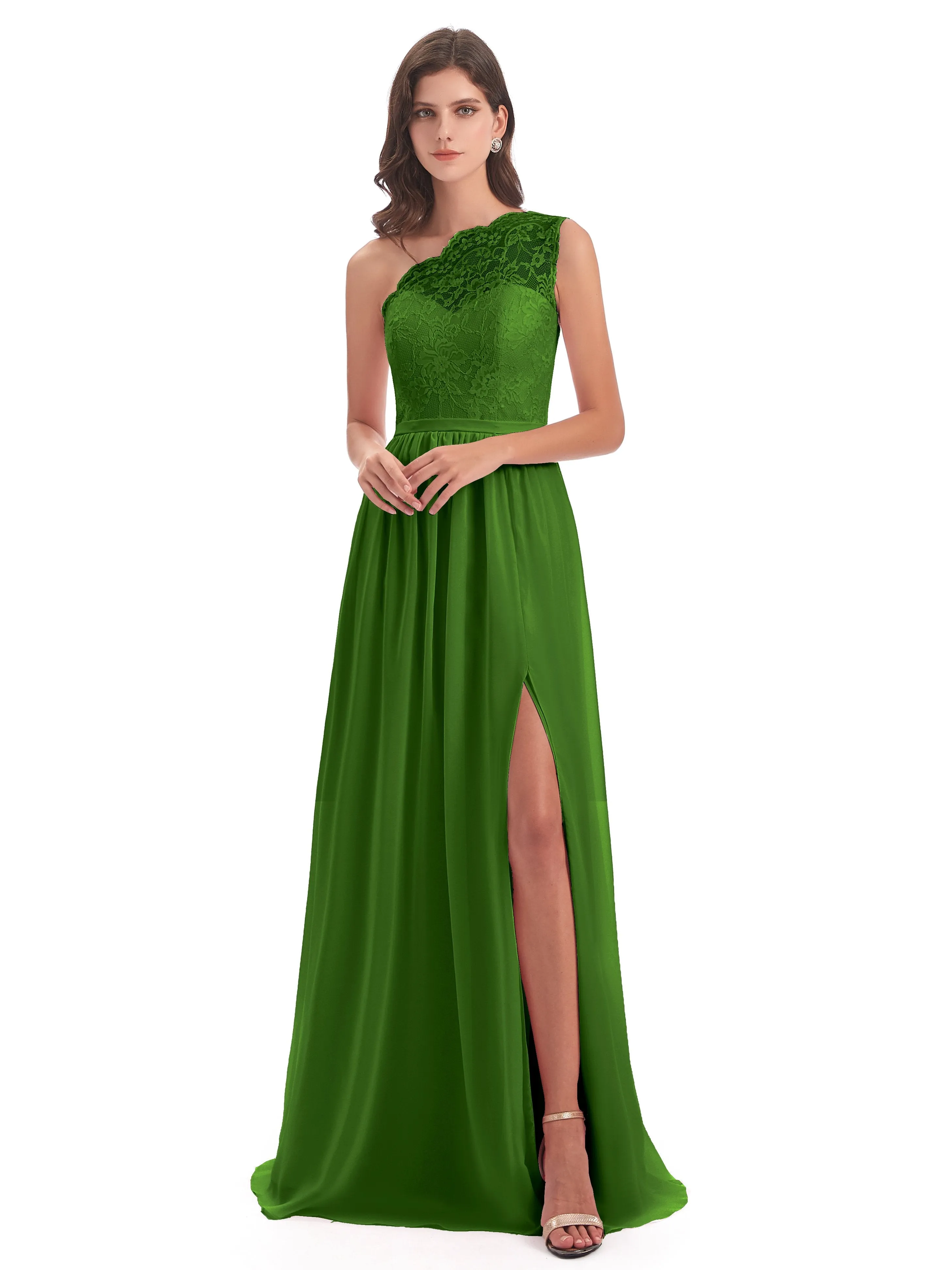 Eliza Lace/Chiffon One-Shoulder Floor-Length Bridesmaid Dresses