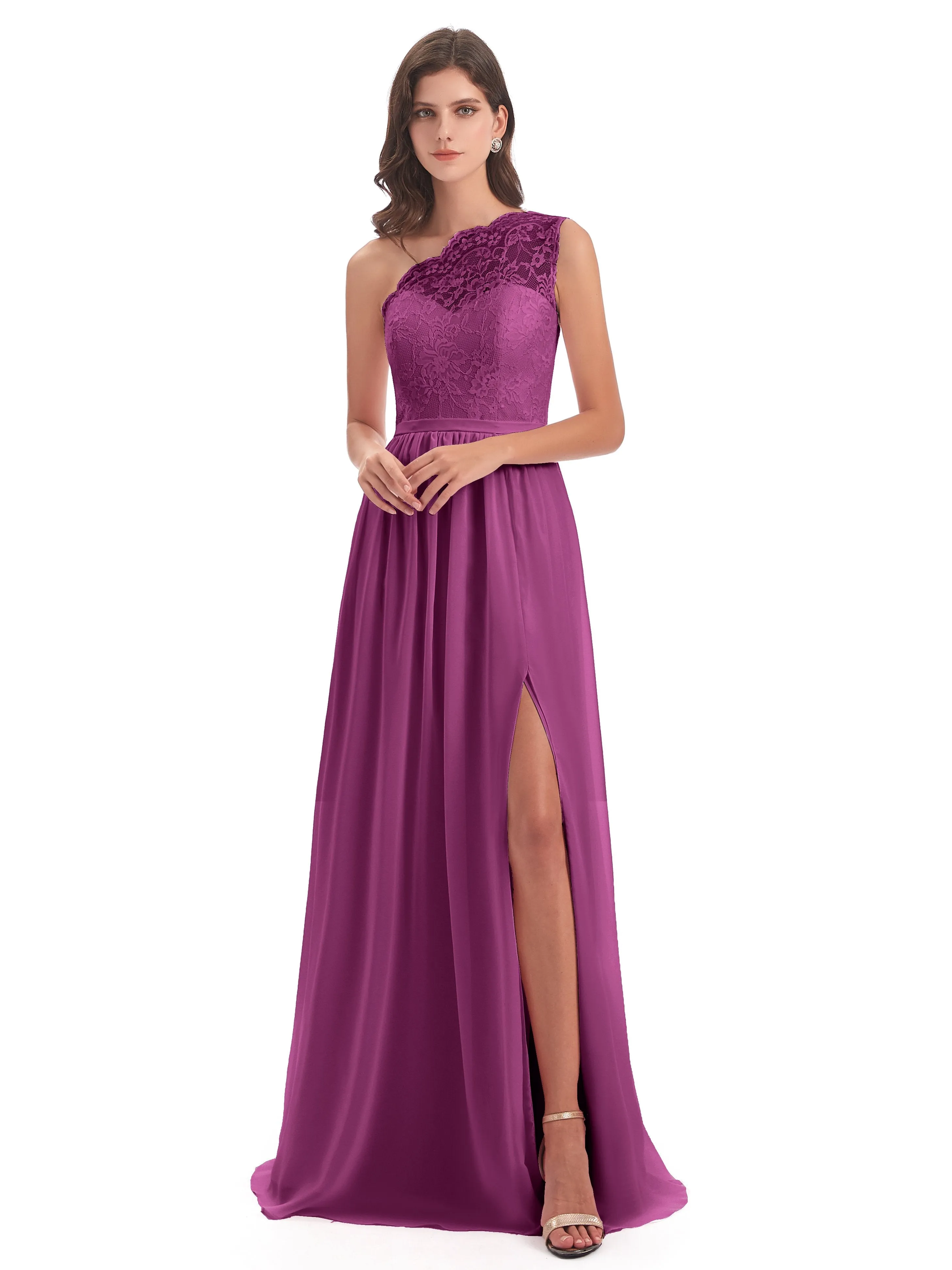 Eliza Lace/Chiffon One-Shoulder Floor-Length Bridesmaid Dresses