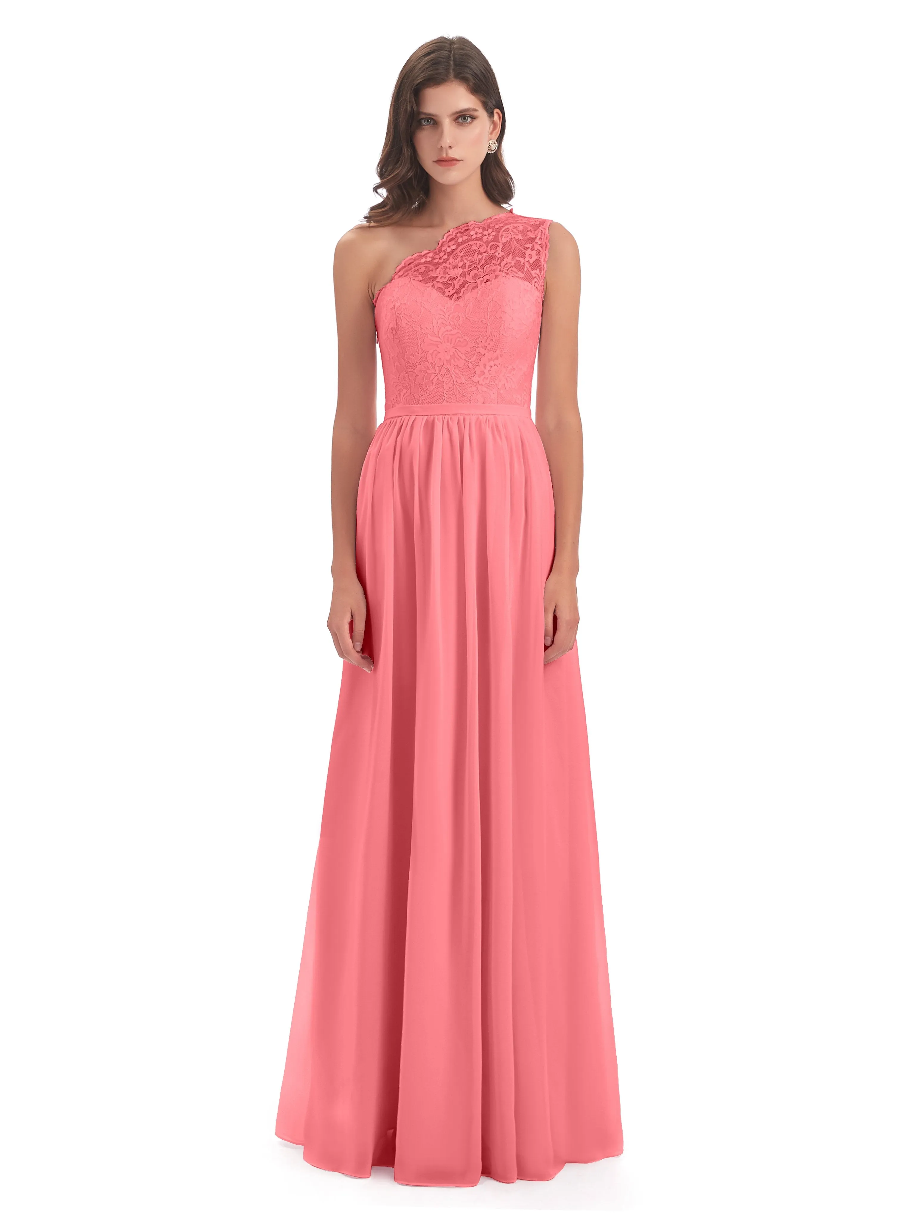 Eliza Lace/Chiffon One-Shoulder Floor-Length Bridesmaid Dresses