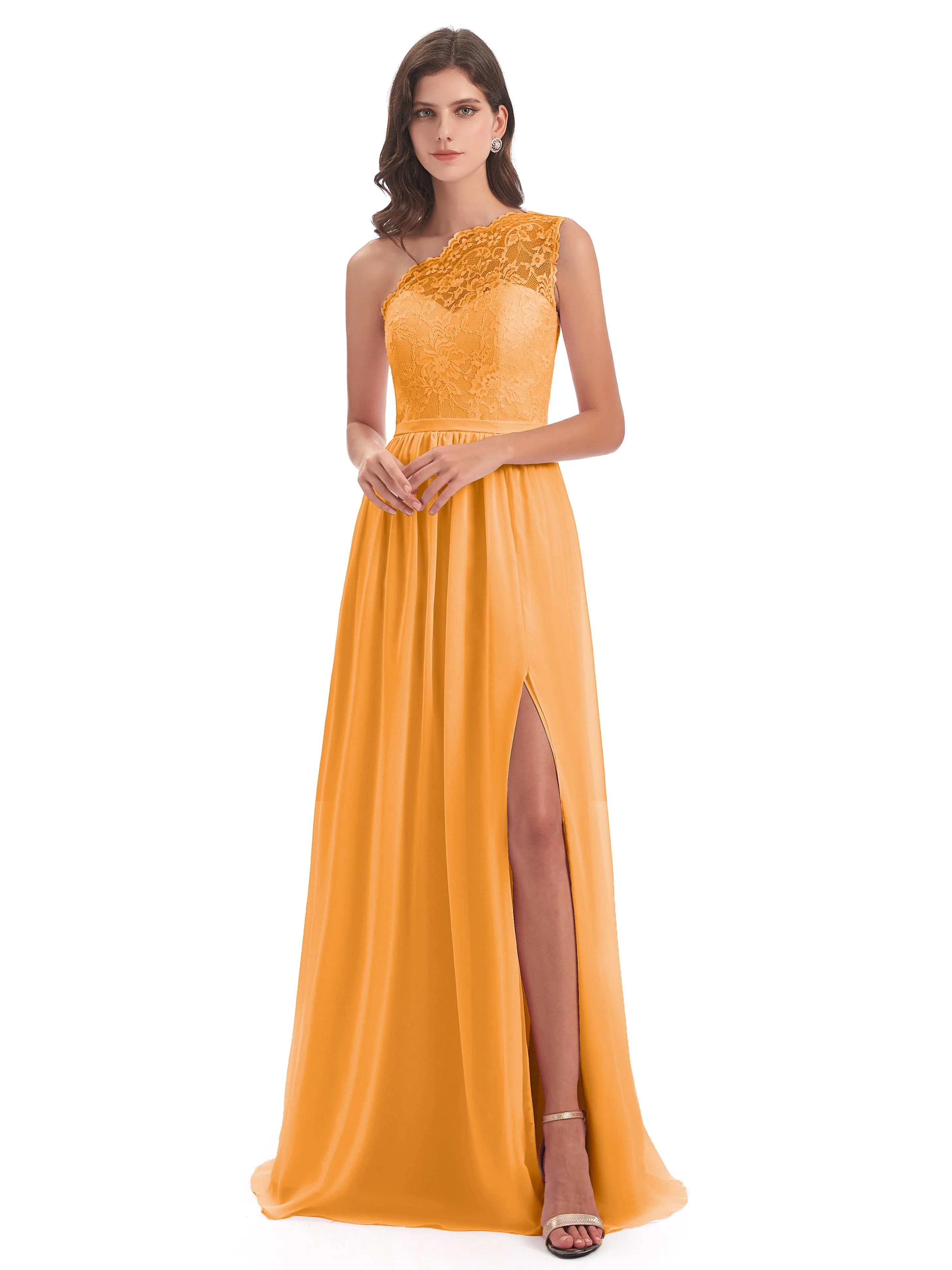 Eliza Lace/Chiffon One-Shoulder Floor-Length Bridesmaid Dresses