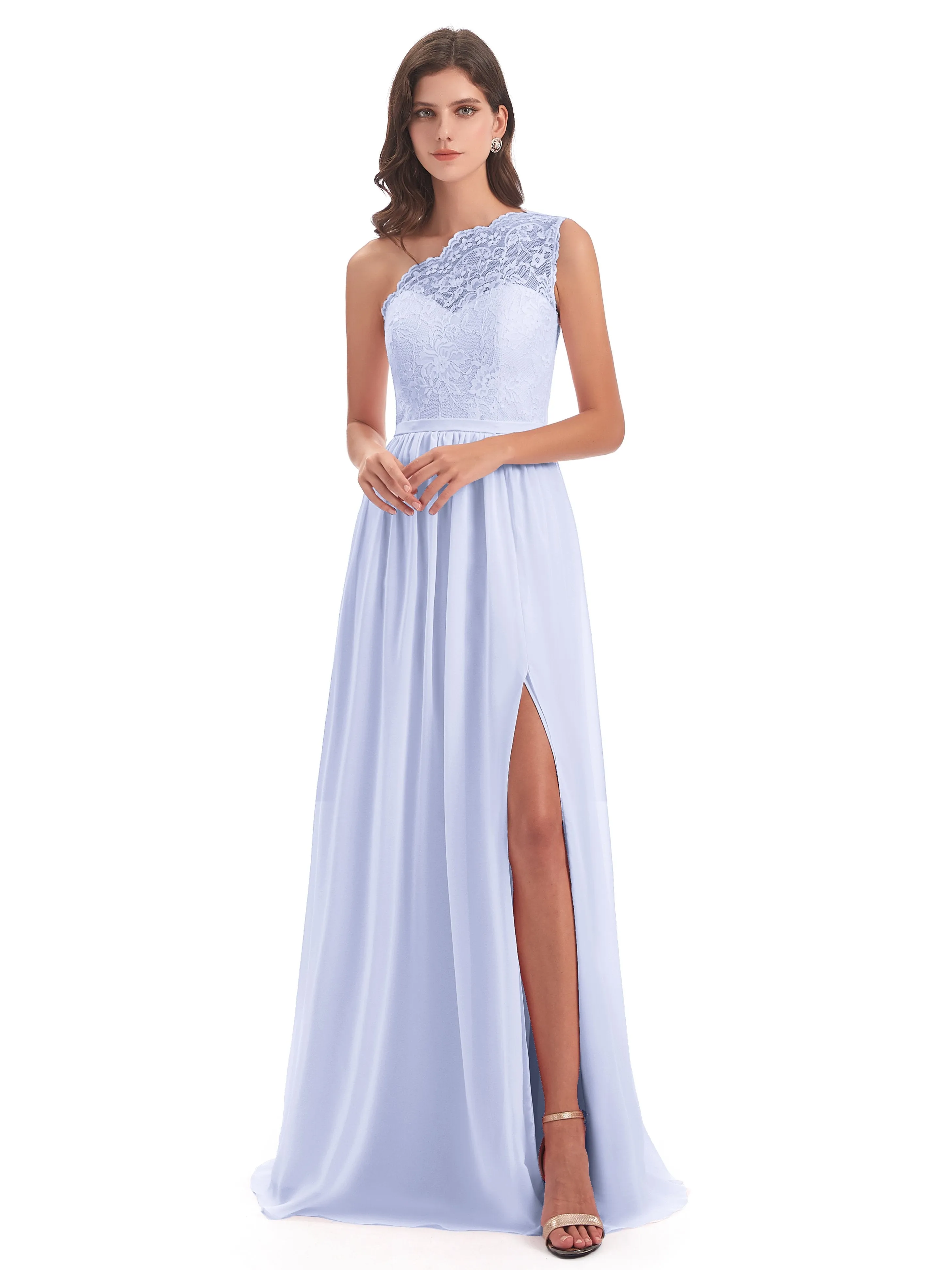 Eliza Lace/Chiffon One-Shoulder Floor-Length Bridesmaid Dresses