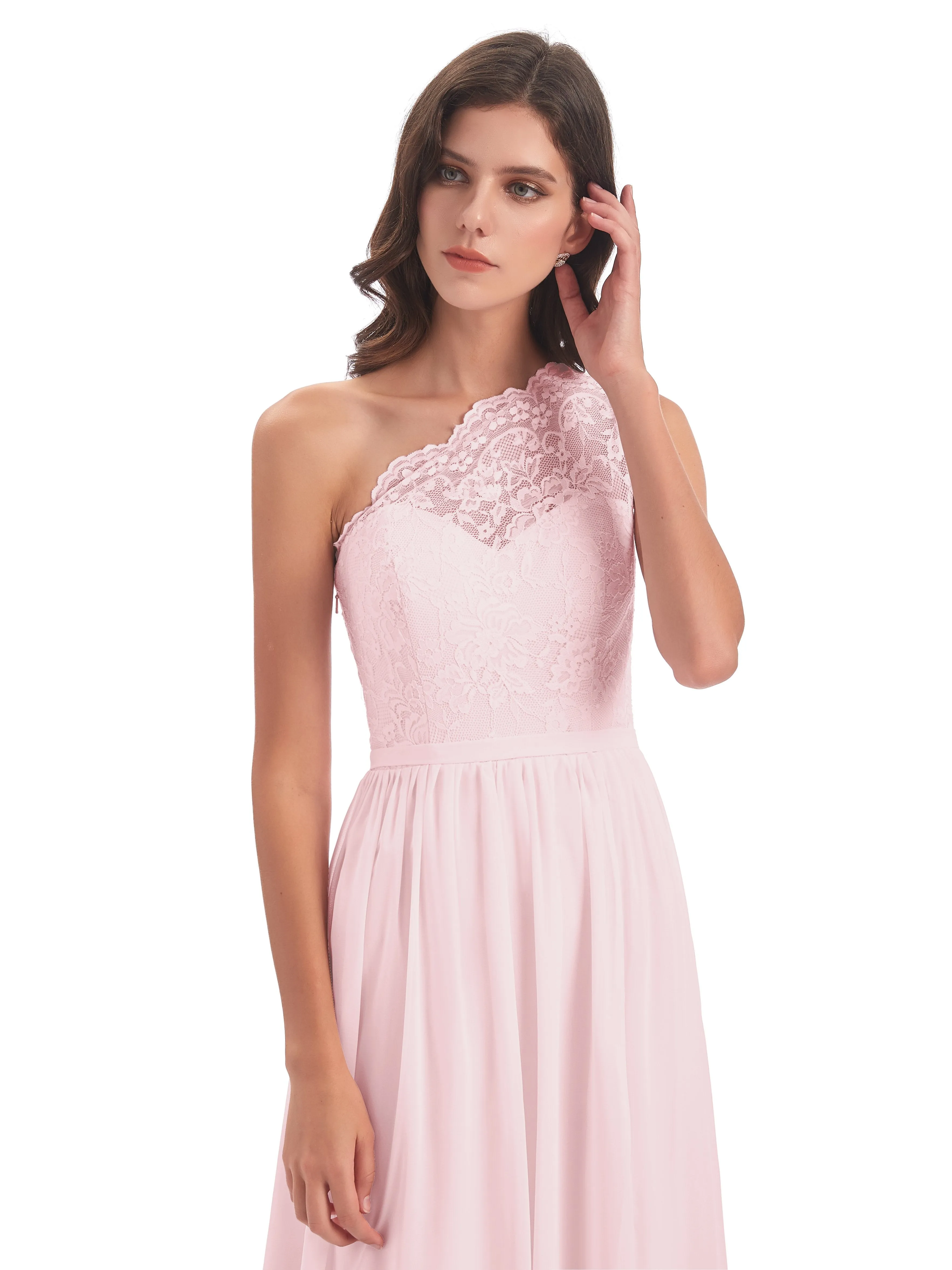 Eliza Lace/Chiffon One-Shoulder Floor-Length Bridesmaid Dresses