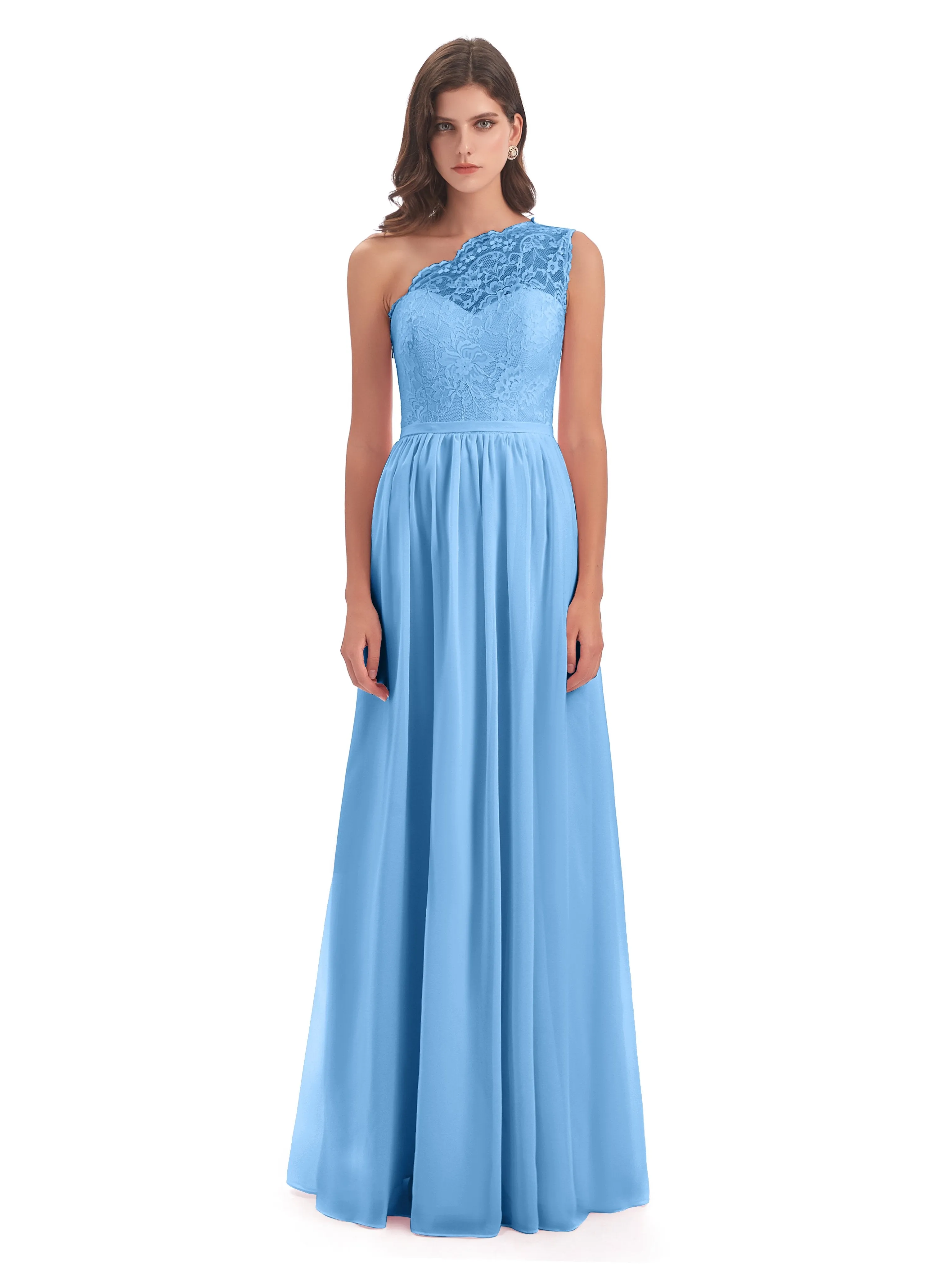 Eliza Lace/Chiffon One-Shoulder Floor-Length Bridesmaid Dresses