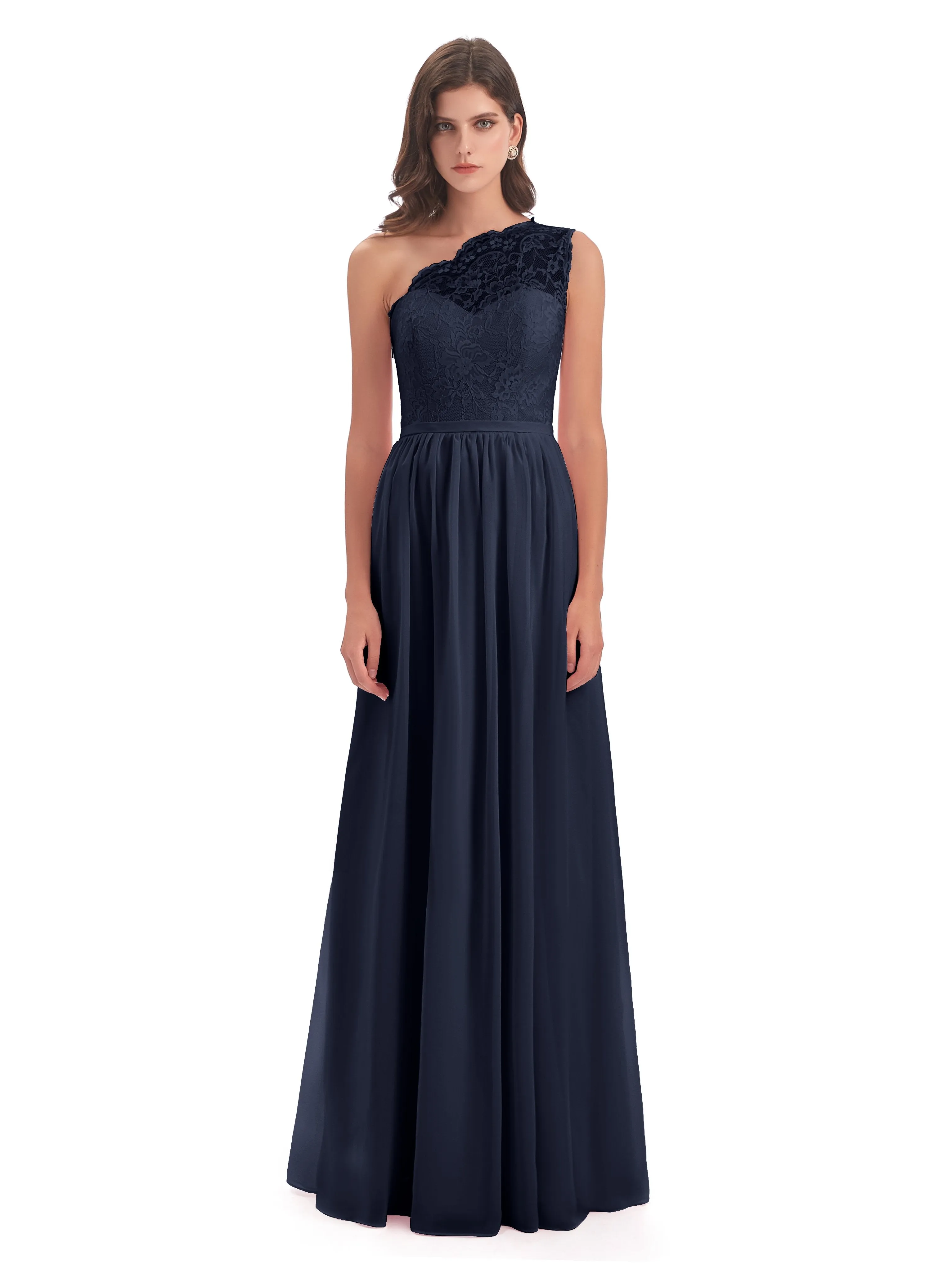 Eliza Lace/Chiffon One-Shoulder Floor-Length Bridesmaid Dresses