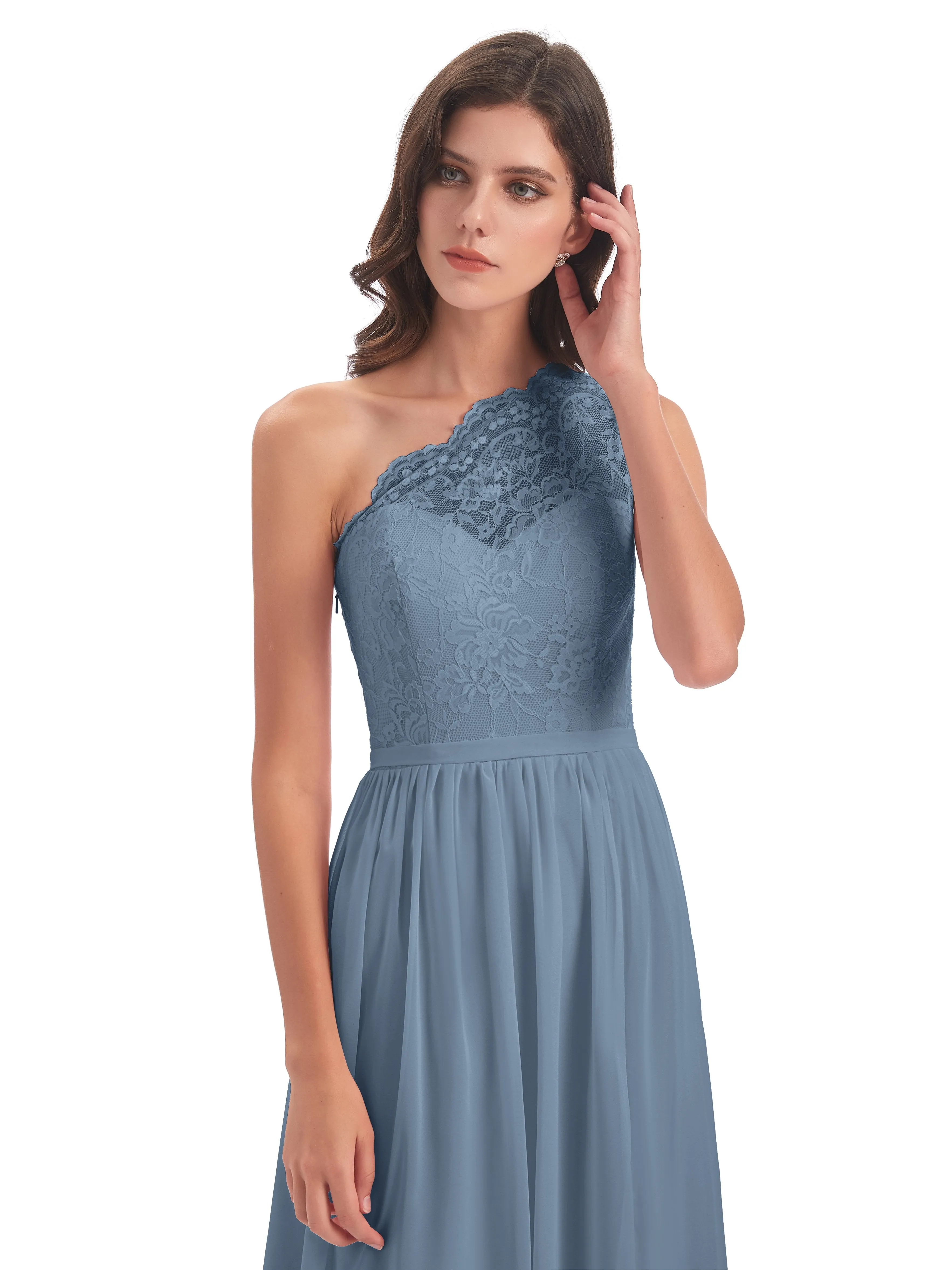 Eliza Lace/Chiffon One-Shoulder Floor-Length Bridesmaid Dresses