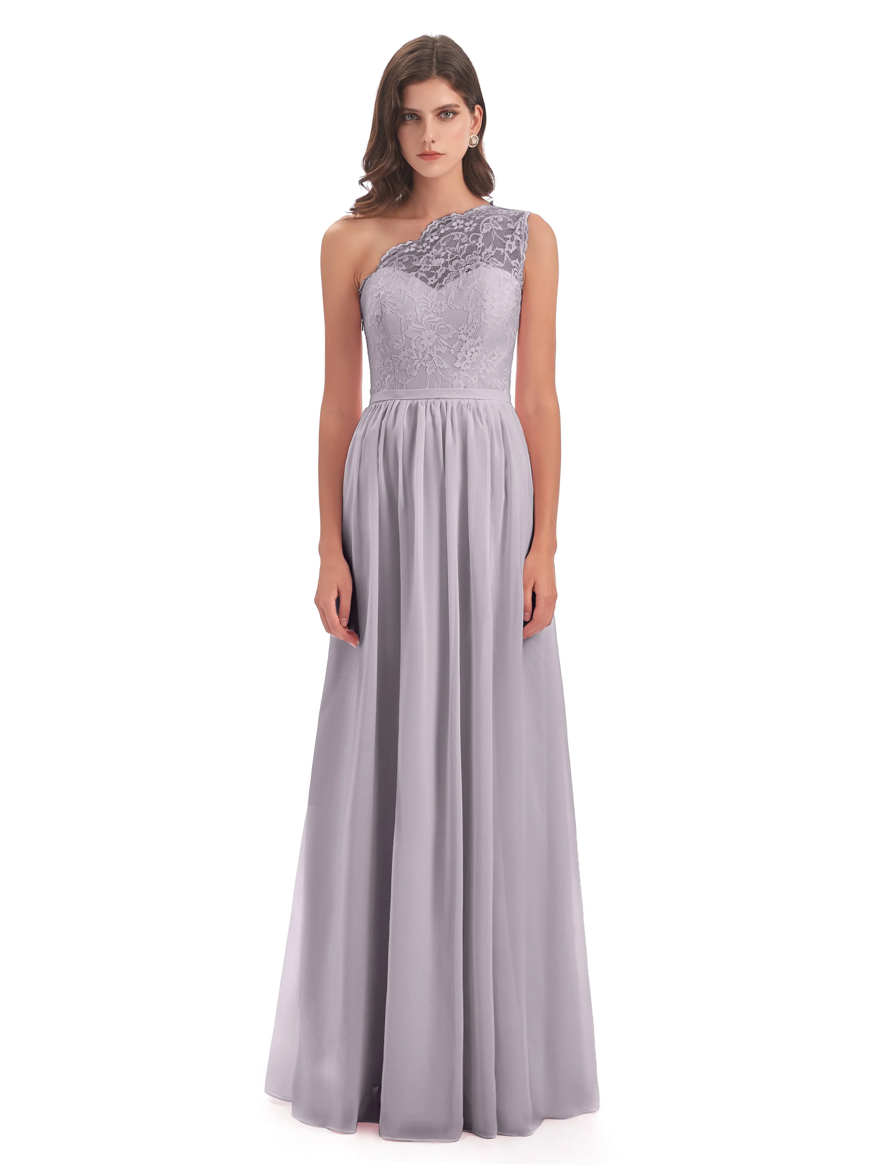 Eliza Lace/Chiffon One-Shoulder Floor-Length Bridesmaid Dresses