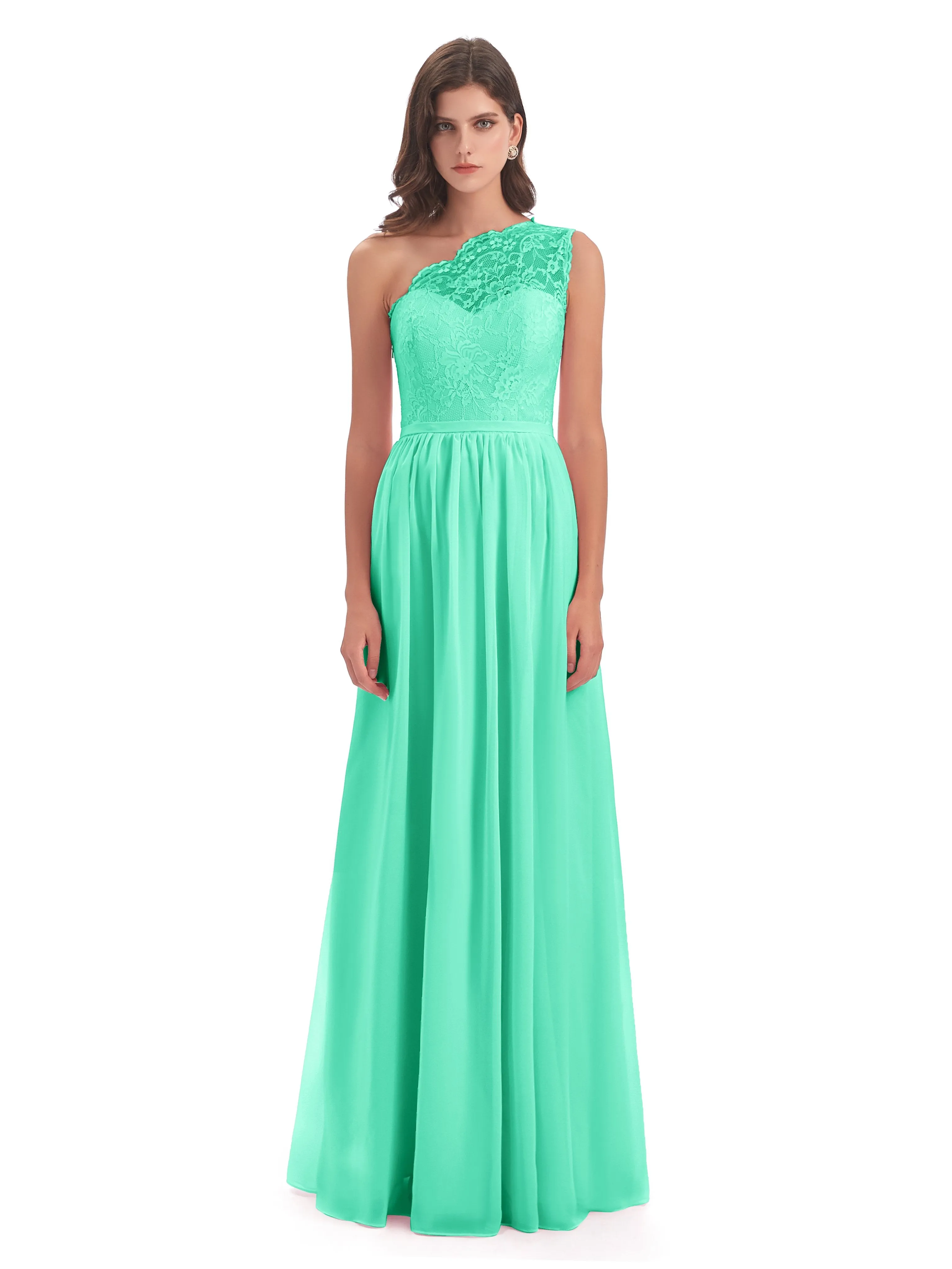 Eliza Lace/Chiffon One-Shoulder Floor-Length Bridesmaid Dresses