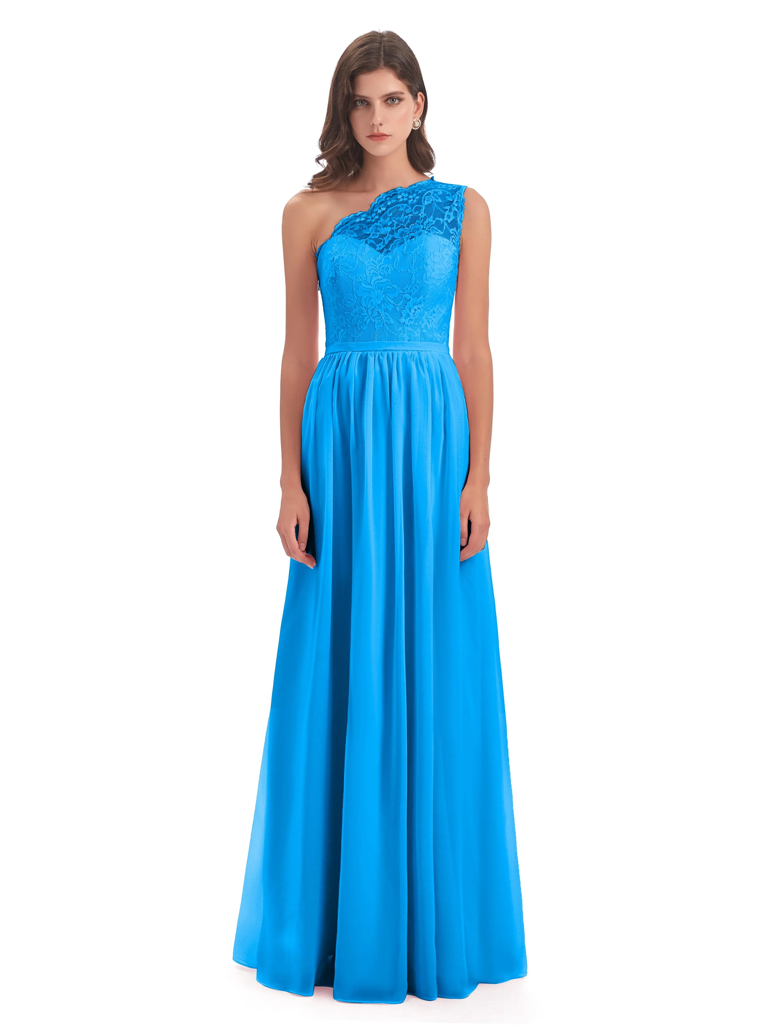 Eliza Lace/Chiffon One-Shoulder Floor-Length Bridesmaid Dresses