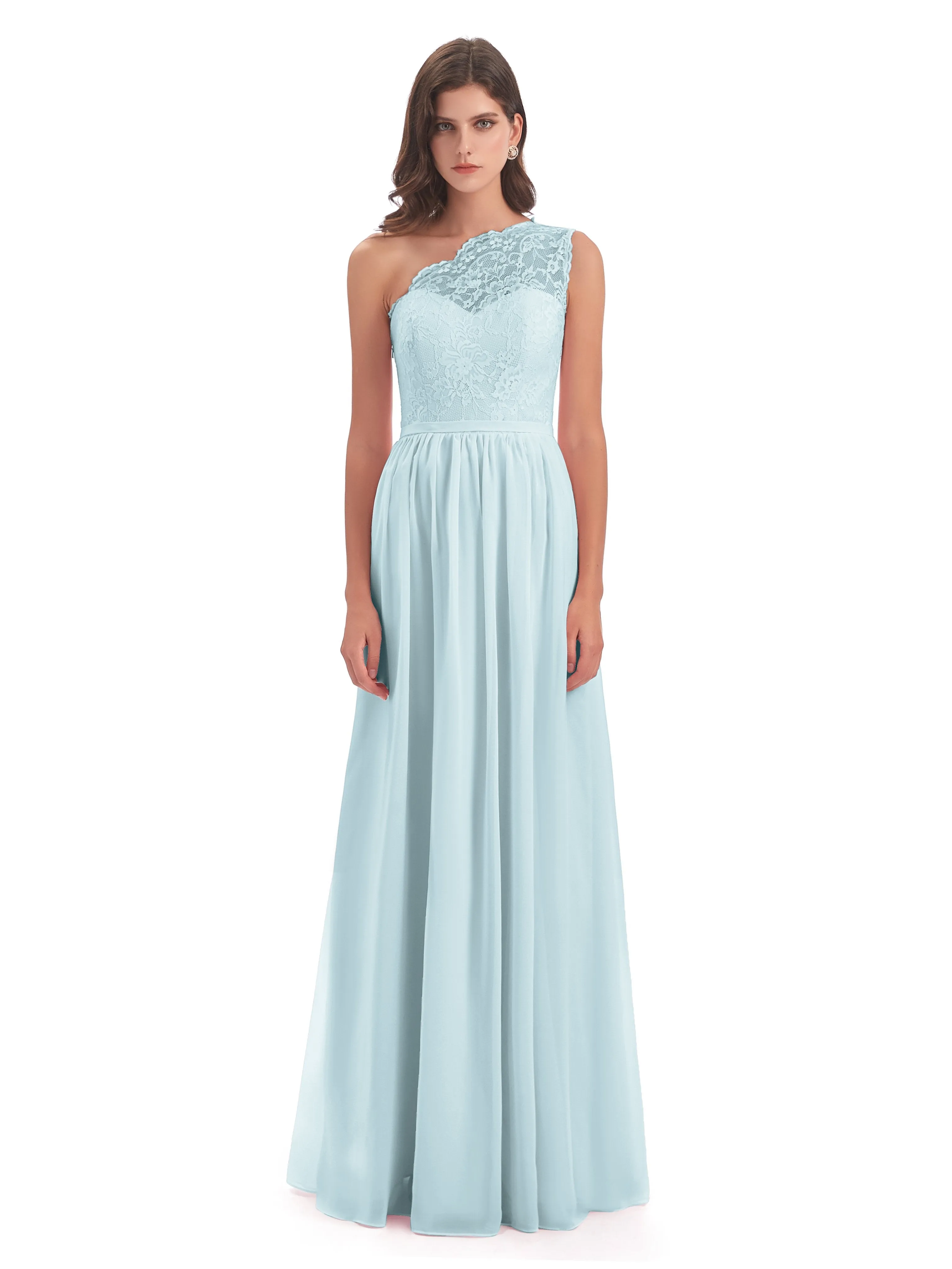 Eliza Lace/Chiffon One-Shoulder Floor-Length Bridesmaid Dresses