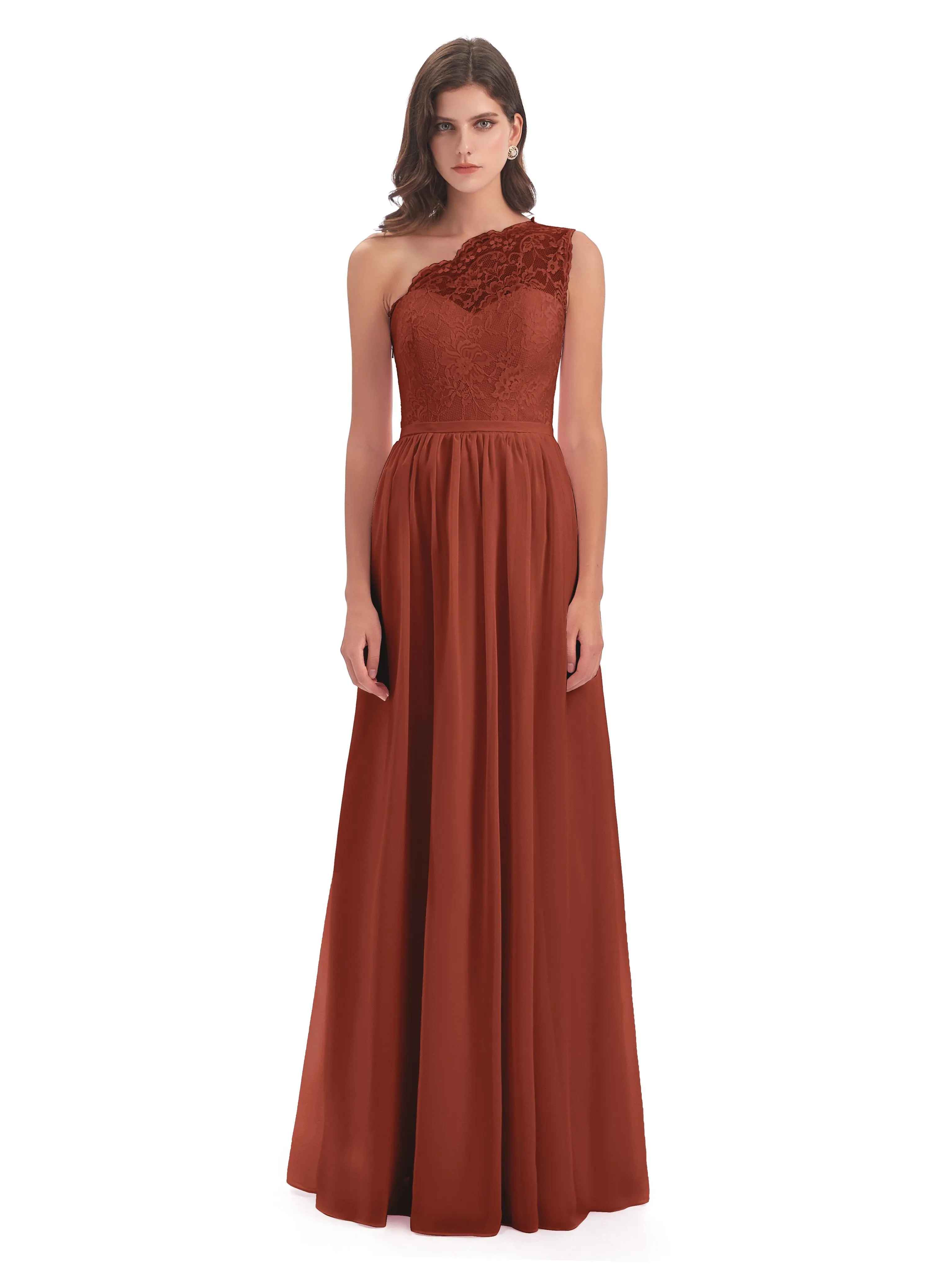 Eliza Lace/Chiffon One-Shoulder Floor-Length Bridesmaid Dresses