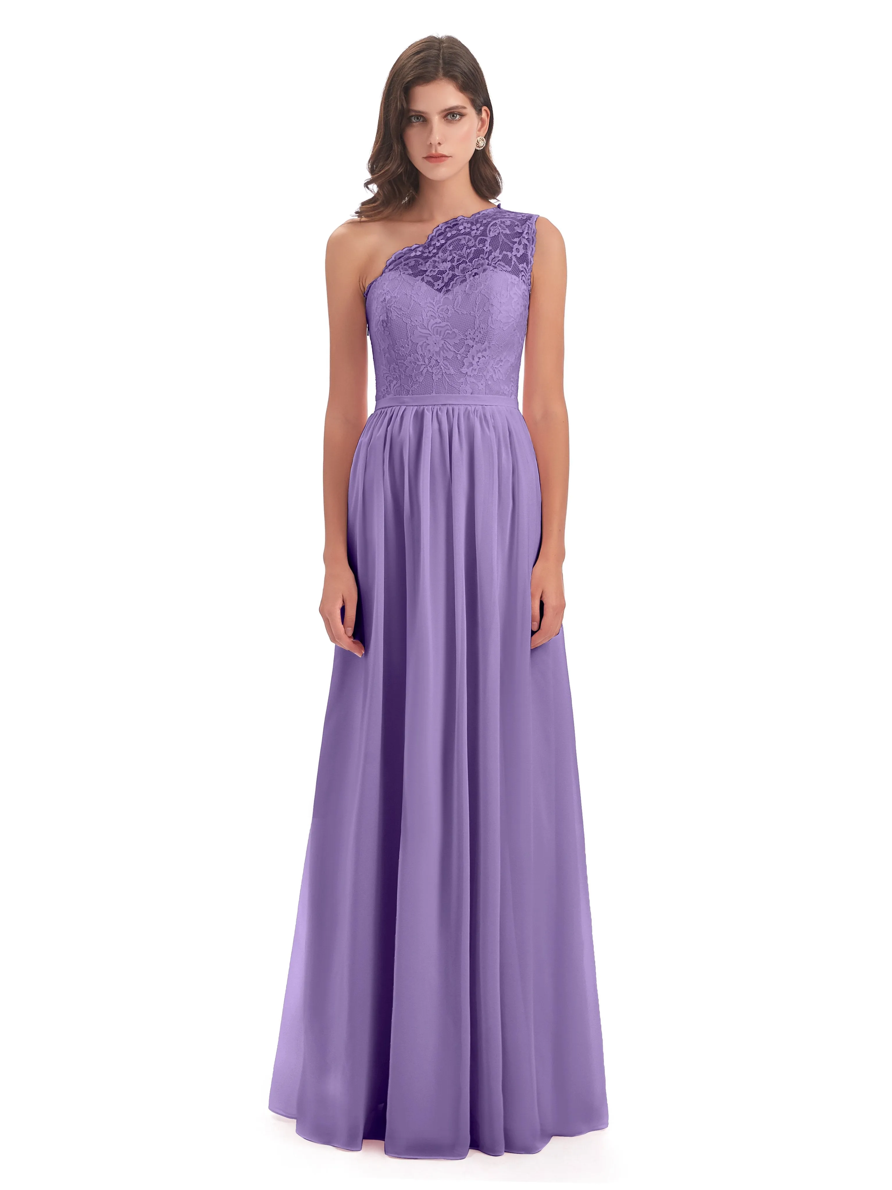 Eliza Lace/Chiffon One-Shoulder Floor-Length Bridesmaid Dresses