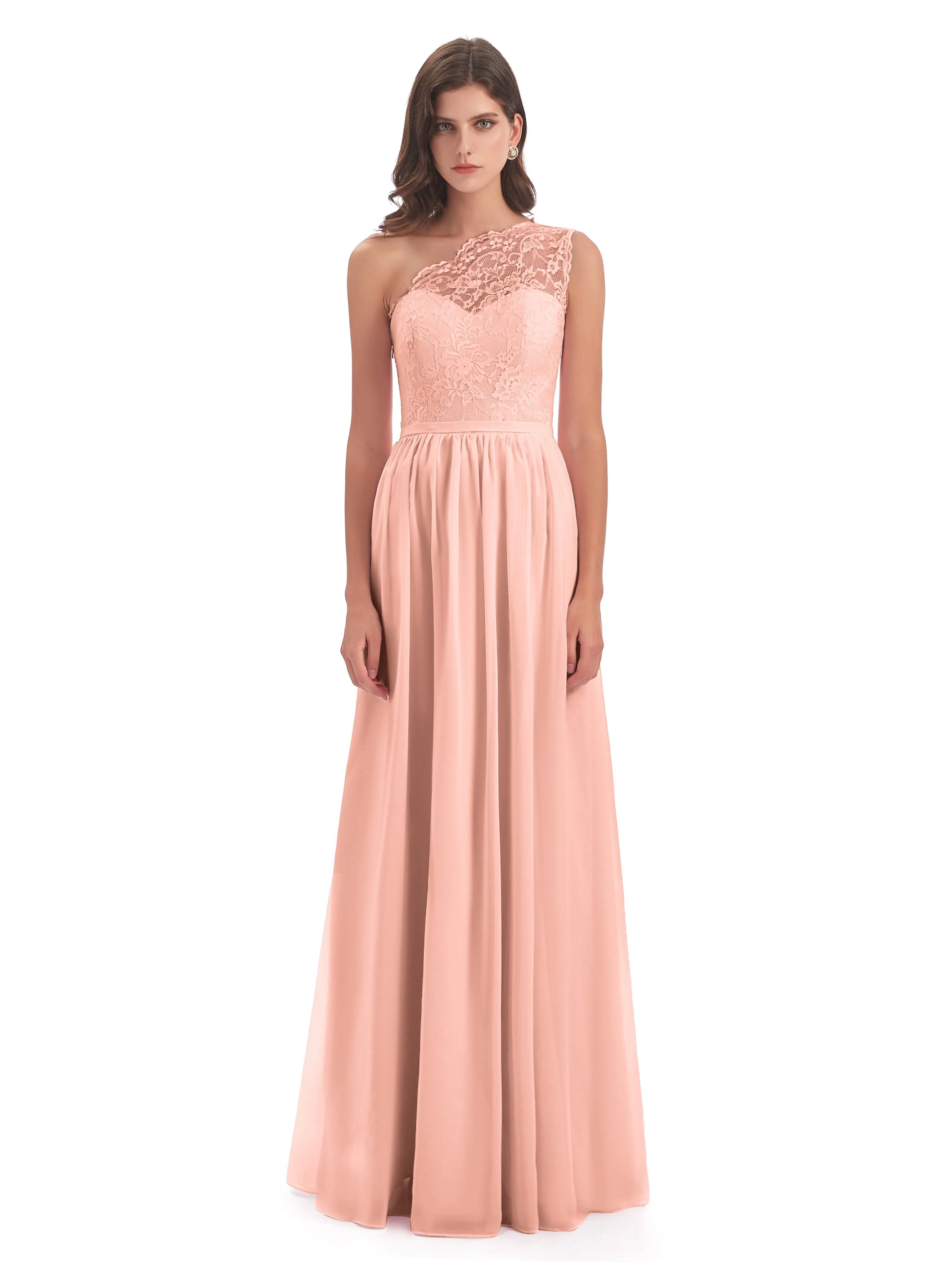 Eliza Lace/Chiffon One-Shoulder Floor-Length Bridesmaid Dresses