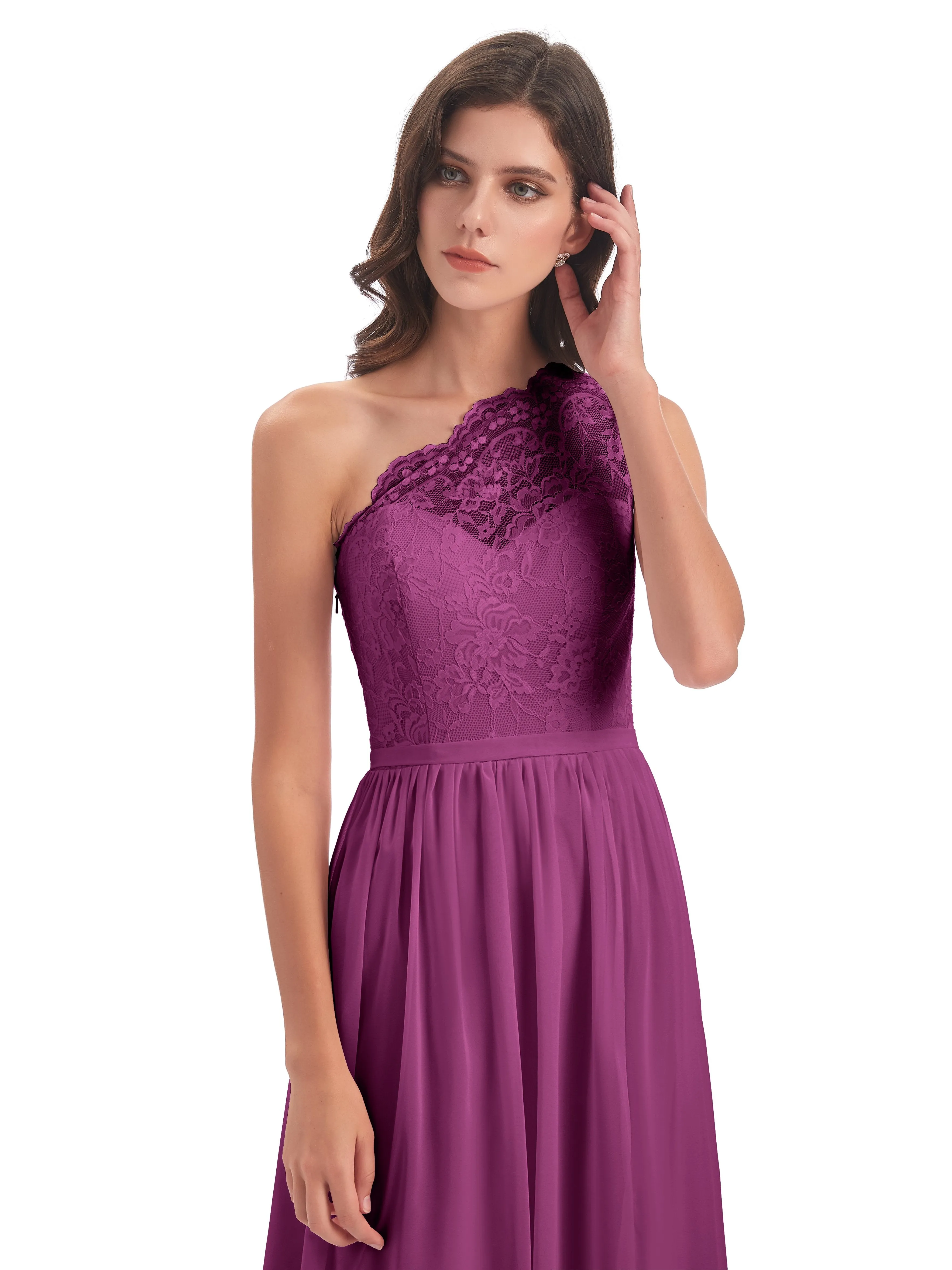 Eliza Lace/Chiffon One-Shoulder Floor-Length Bridesmaid Dresses