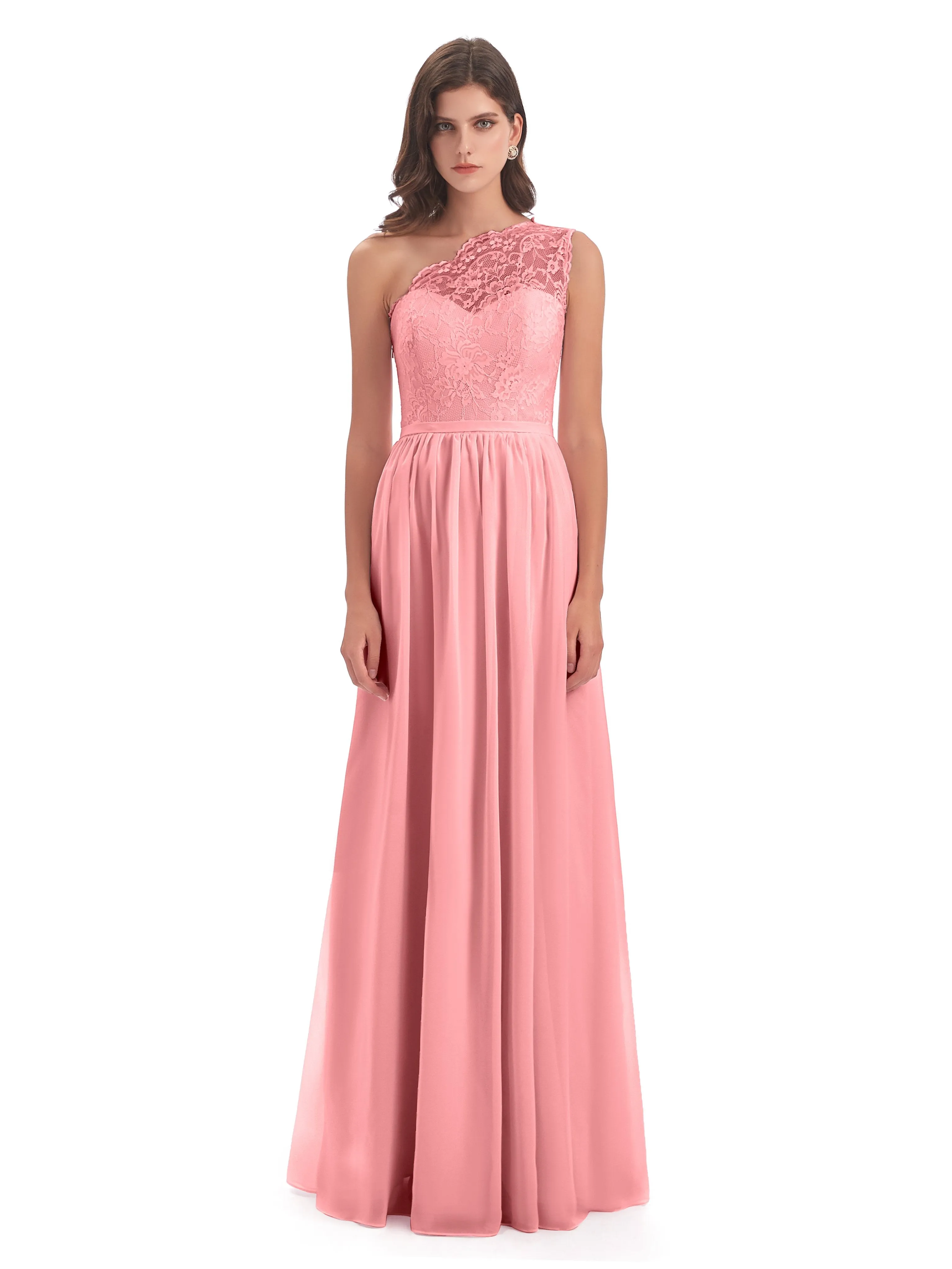 Eliza Lace/Chiffon One-Shoulder Floor-Length Bridesmaid Dresses