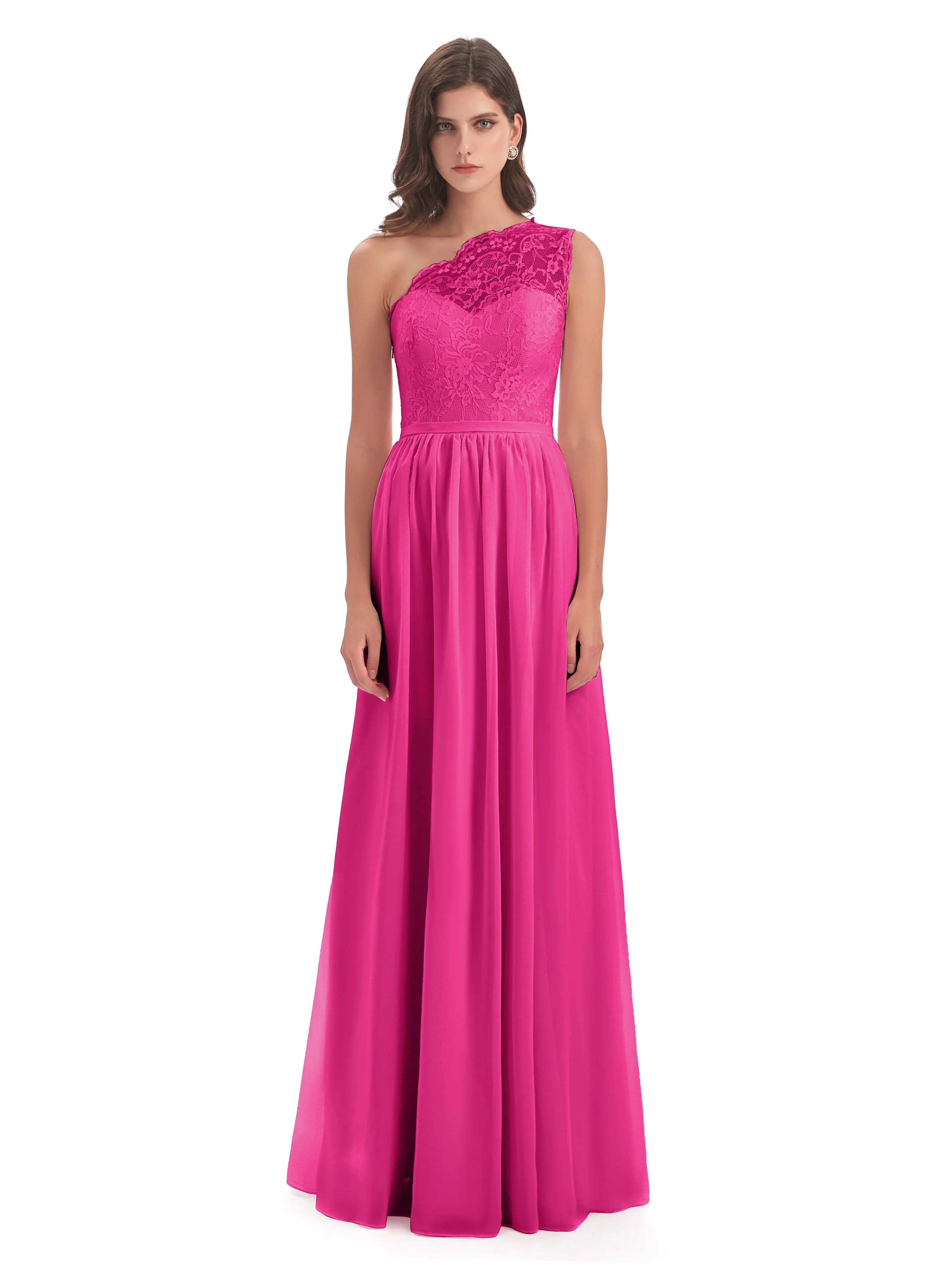 Eliza Lace/Chiffon One-Shoulder Floor-Length Bridesmaid Dresses