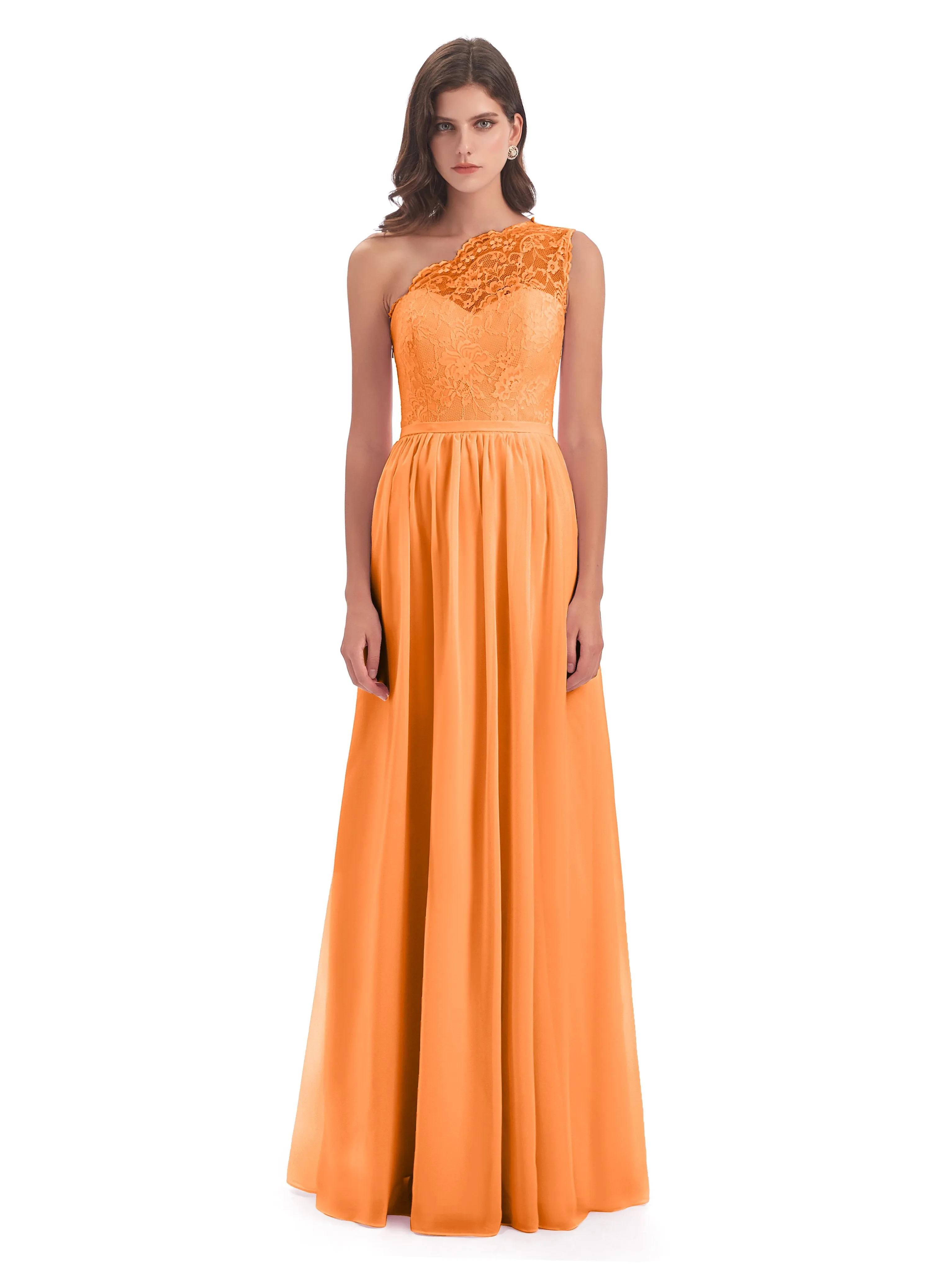 Eliza Lace/Chiffon One-Shoulder Floor-Length Bridesmaid Dresses