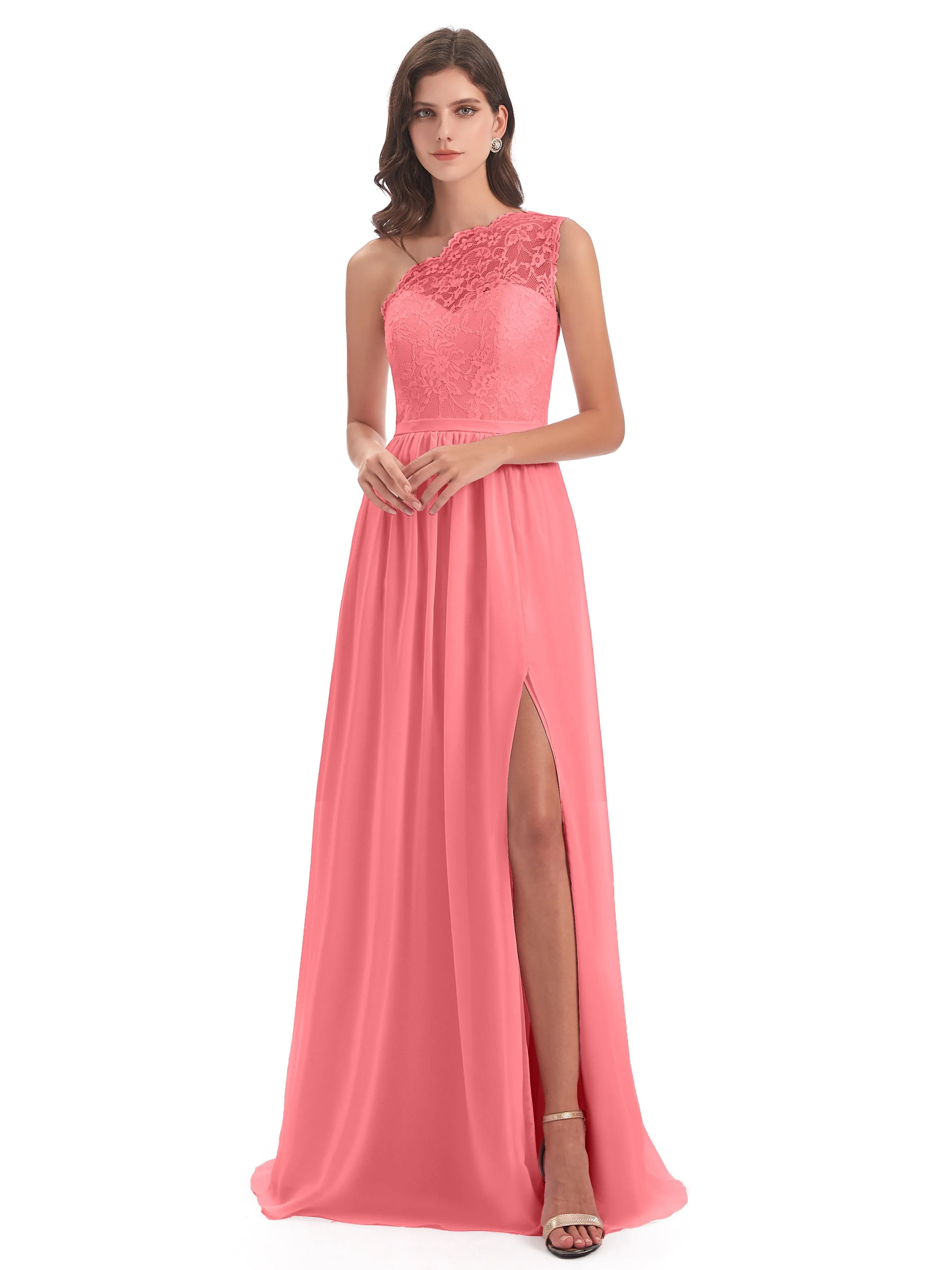 Eliza Lace/Chiffon One-Shoulder Floor-Length Bridesmaid Dresses