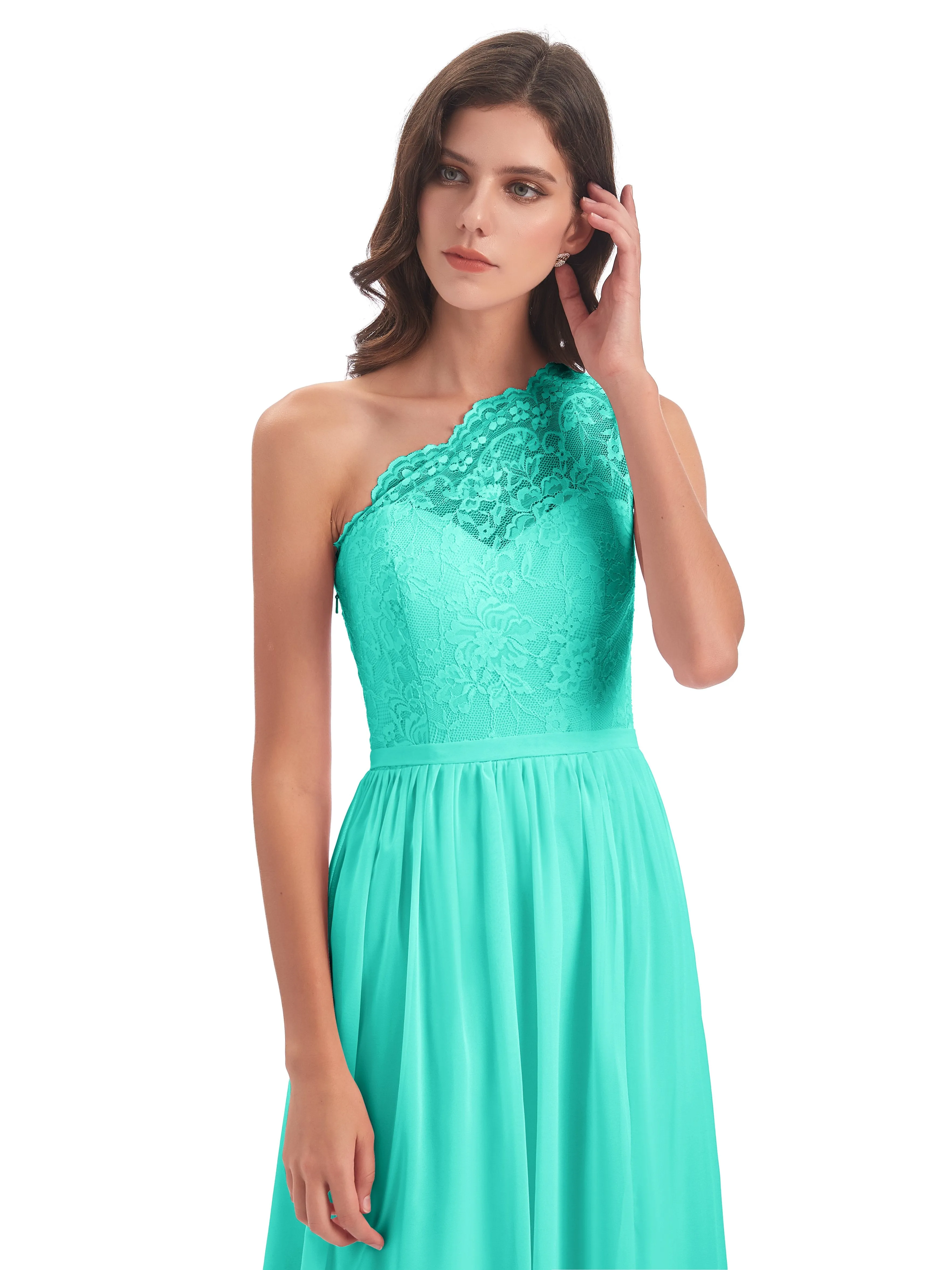 Eliza Lace/Chiffon One-Shoulder Floor-Length Bridesmaid Dresses