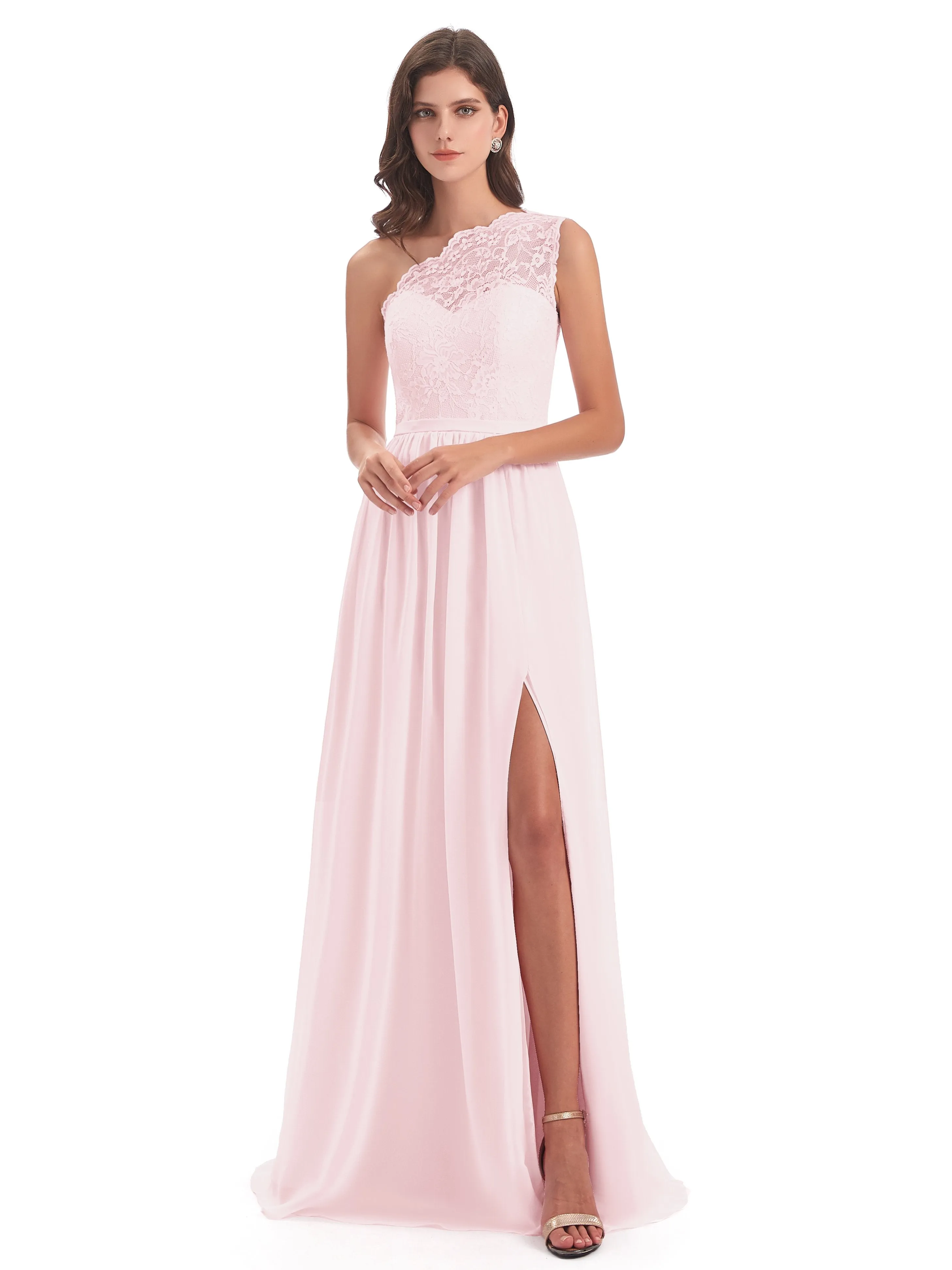 Eliza Lace/Chiffon One-Shoulder Floor-Length Bridesmaid Dresses