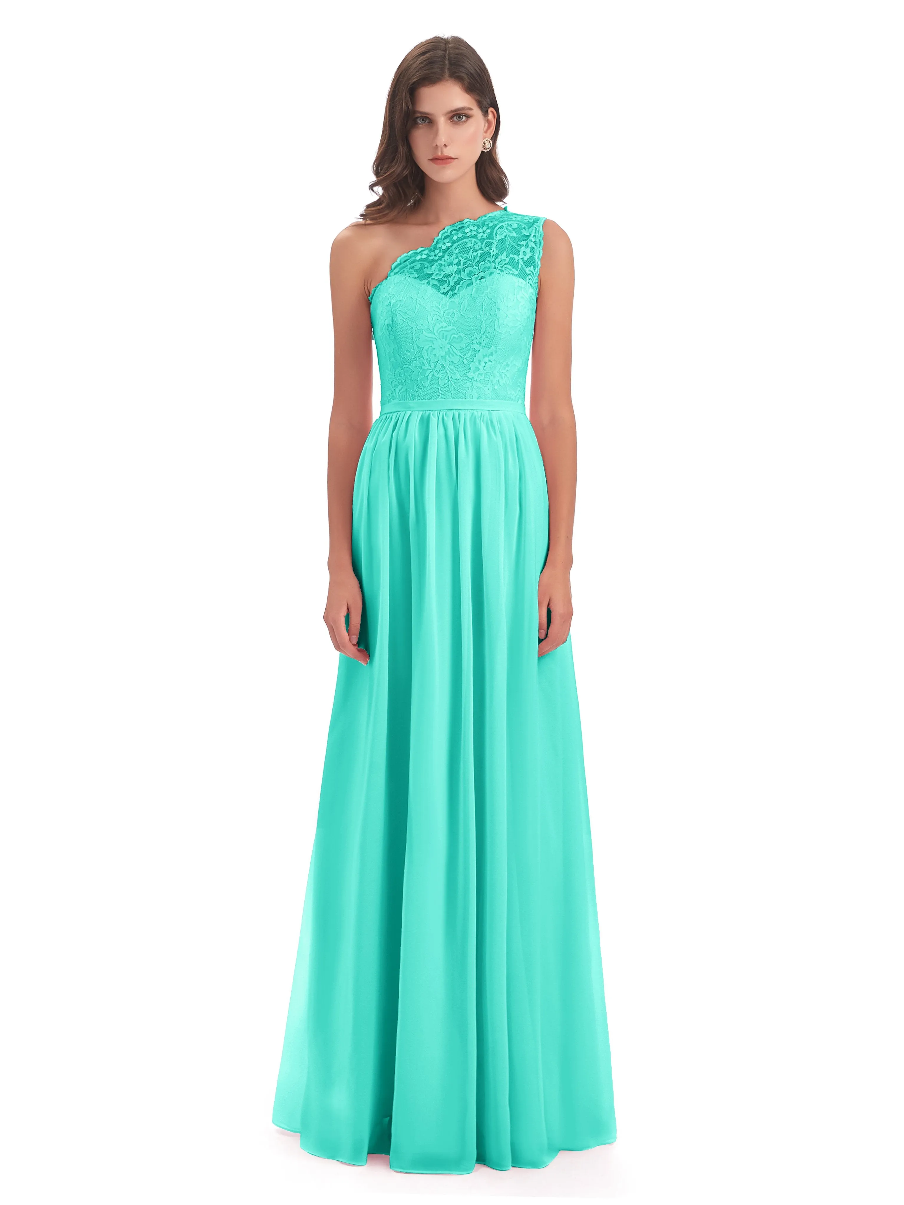 Eliza Lace/Chiffon One-Shoulder Floor-Length Bridesmaid Dresses