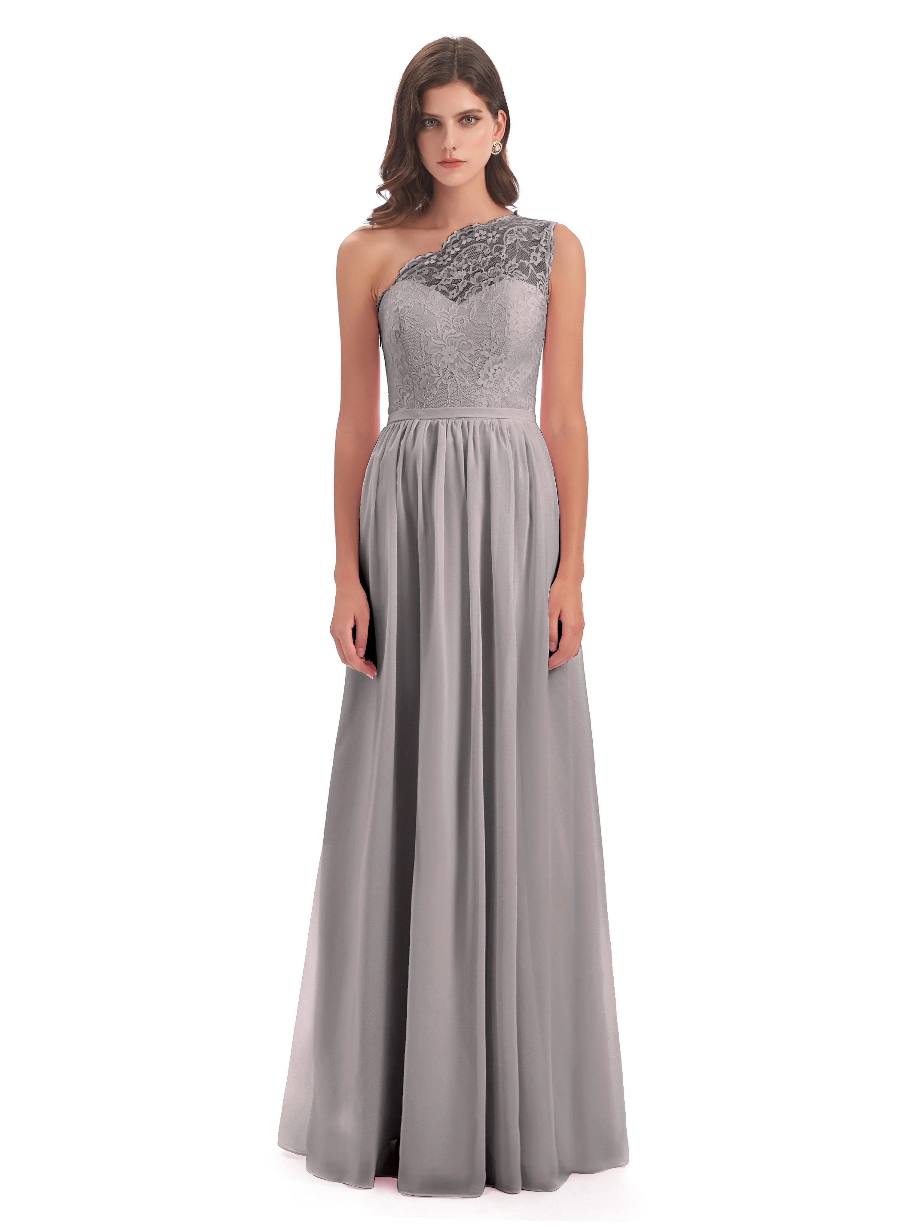 Eliza Lace/Chiffon One-Shoulder Floor-Length Bridesmaid Dresses