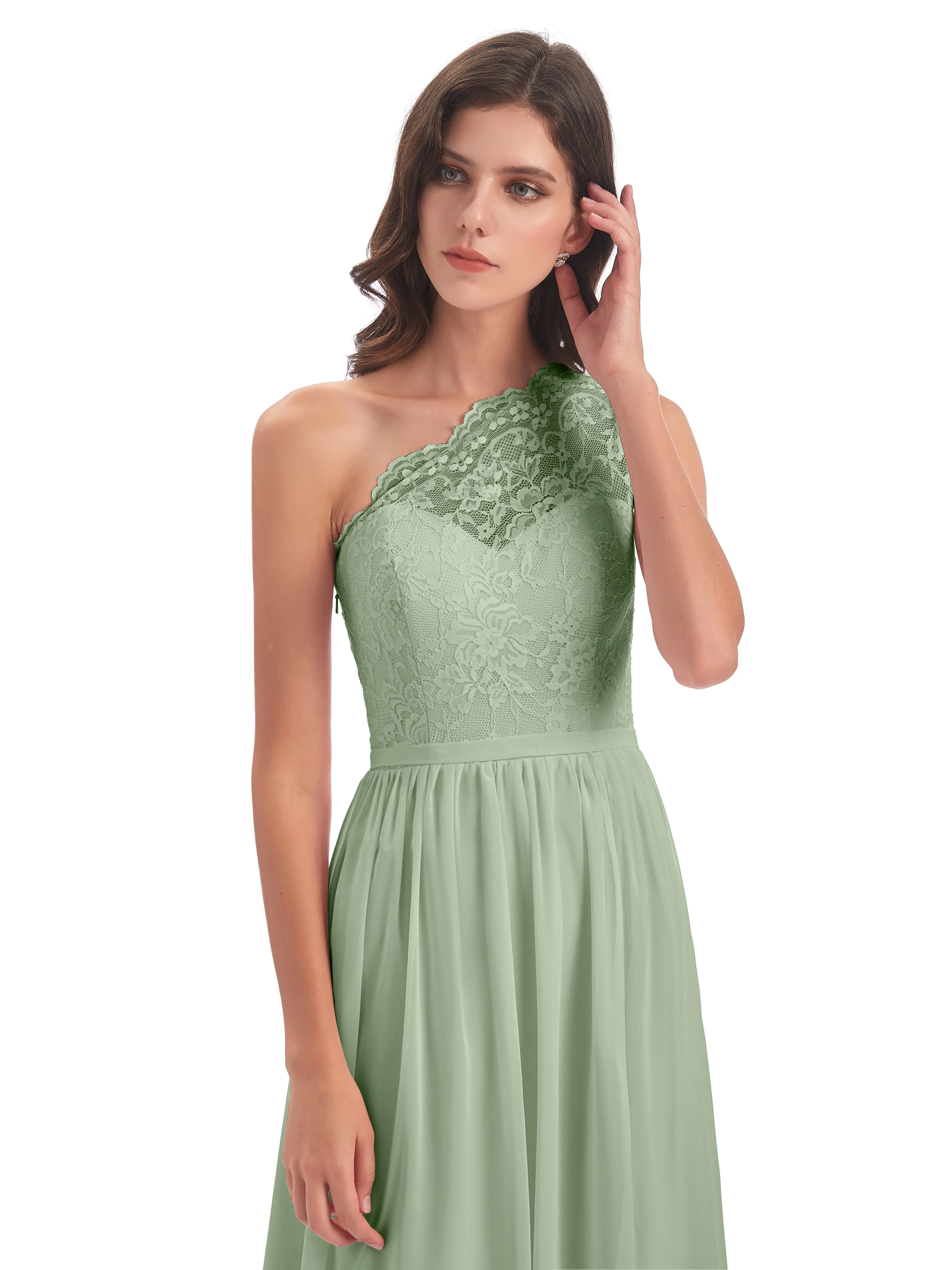 Eliza Lace/Chiffon One-Shoulder Floor-Length Bridesmaid Dresses