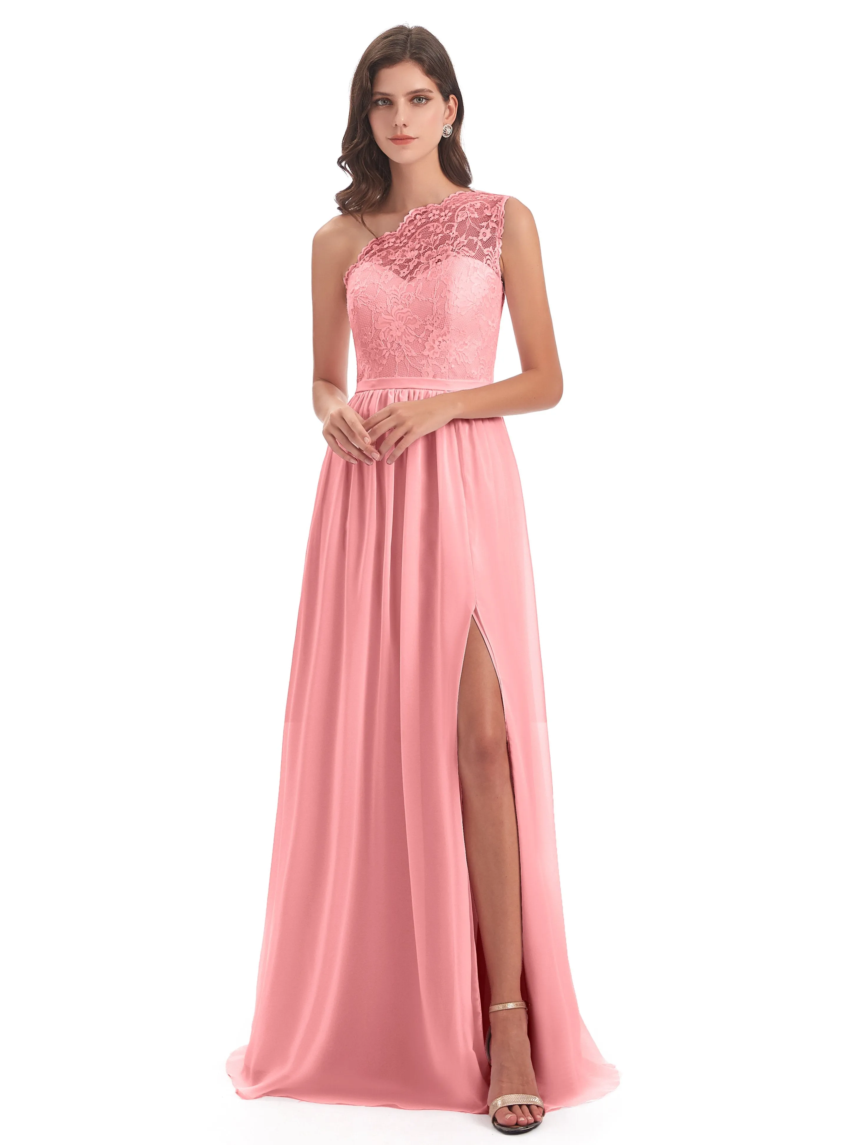 Eliza Lace/Chiffon One-Shoulder Floor-Length Bridesmaid Dresses