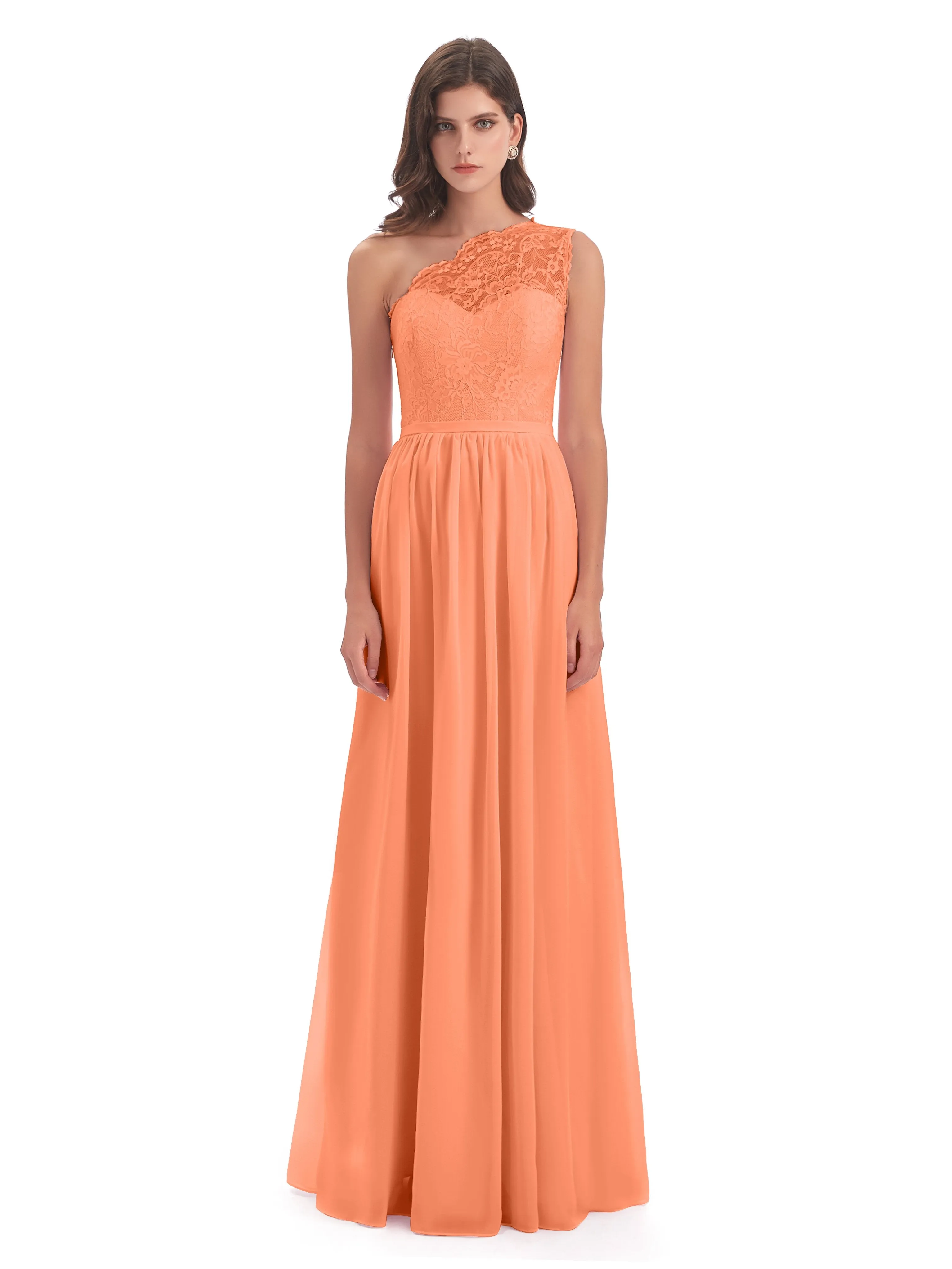 Eliza Lace/Chiffon One-Shoulder Floor-Length Bridesmaid Dresses