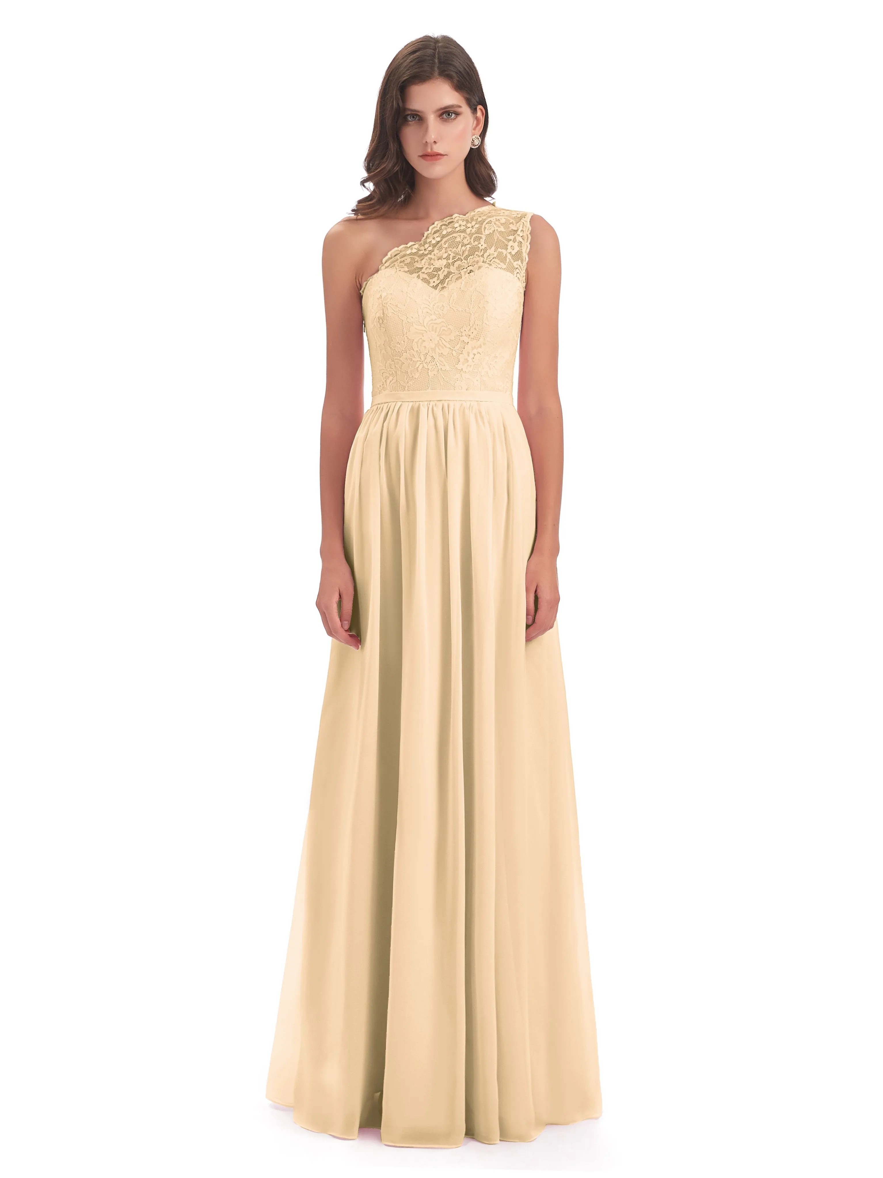 Eliza Lace/Chiffon One-Shoulder Floor-Length Bridesmaid Dresses