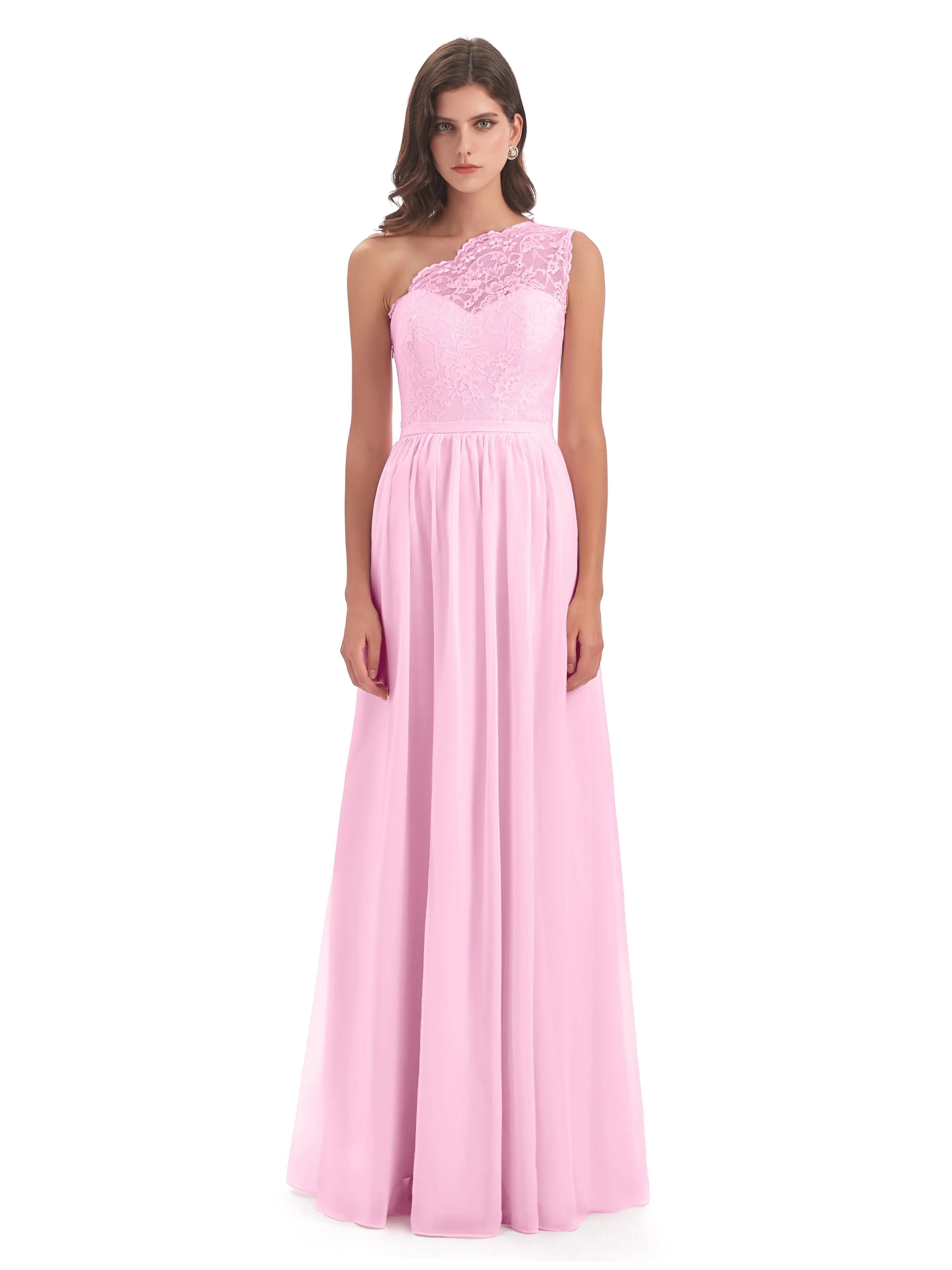 Eliza Lace/Chiffon One-Shoulder Floor-Length Bridesmaid Dresses